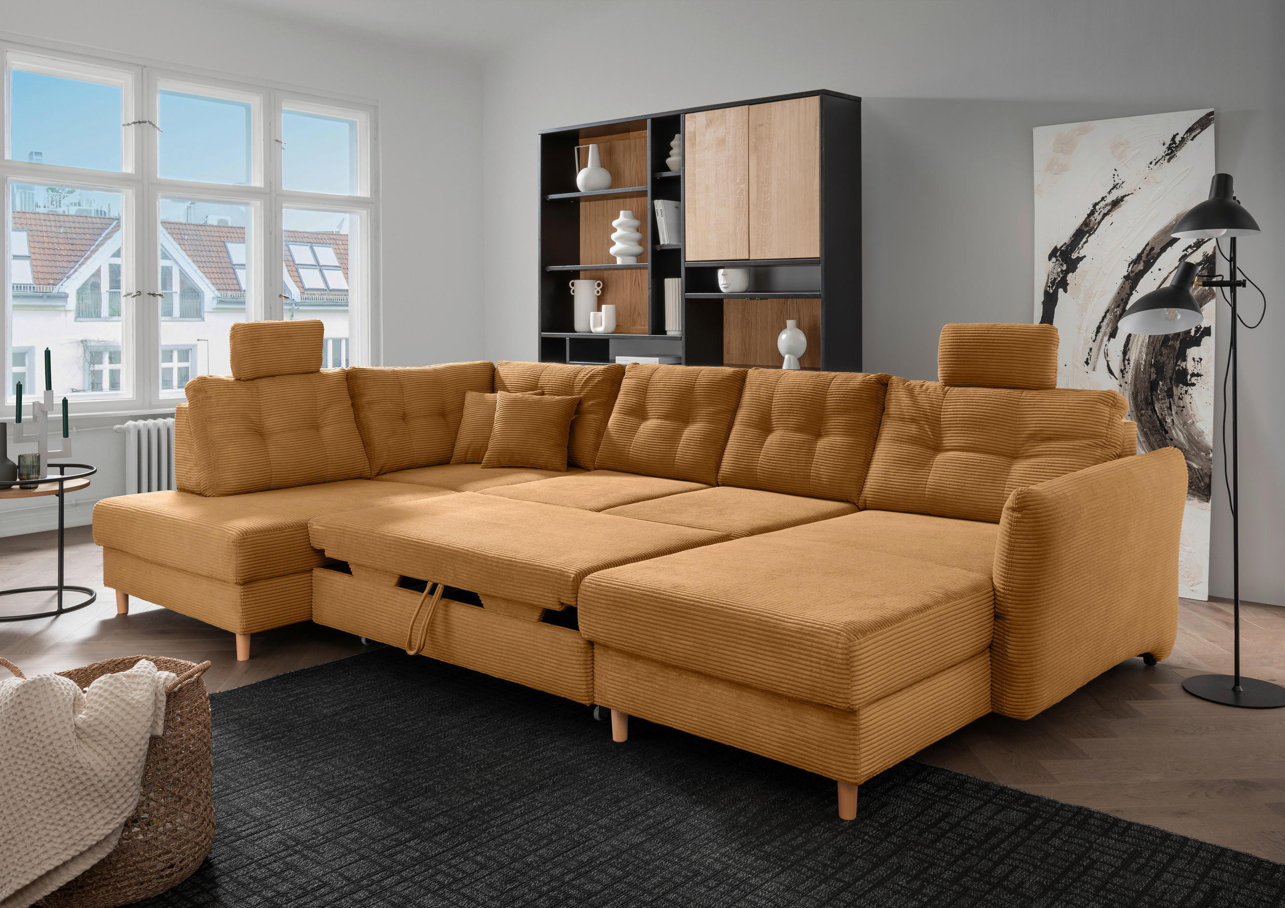 WOHNLANDSCHAFT in Cord Goldfarben  - Goldfarben/Naturfarben, Modern, Holz/Textil (206/338-352/176cm) - Livetastic
