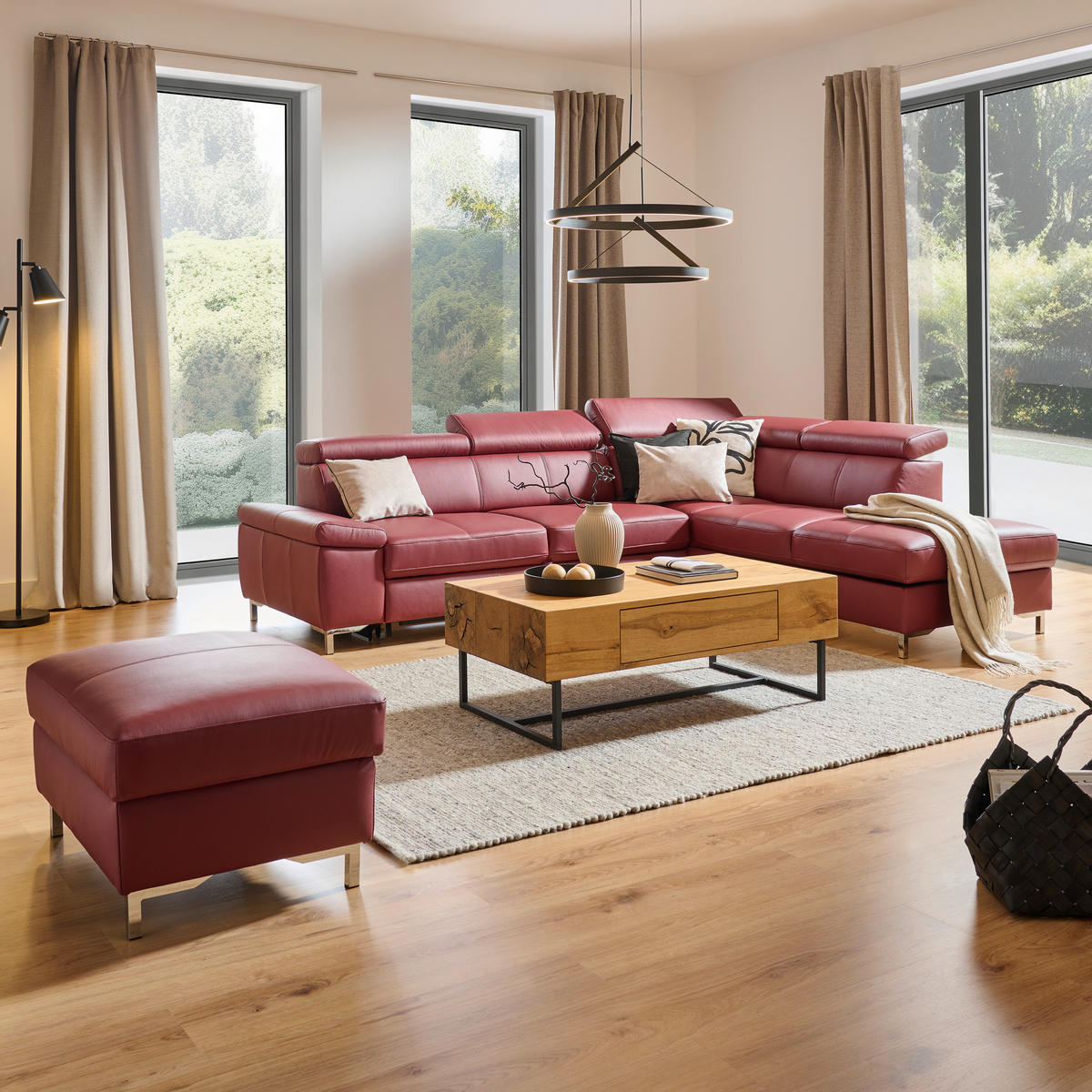 ECKSOFA in Echtleder Bordeaux  268/213 cm  - Chromfarben/Bordeaux, Design, Leder/Metall (268/213cm) - Stylife