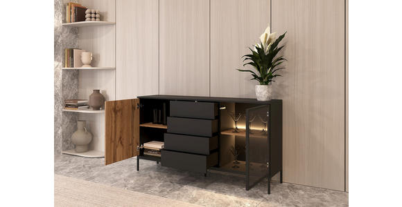 SIDEBOARD  153,6/83/38 cm 4 Schublade(n)  - Eiche Wotan/Schwarz, KONVENTIONELL, Glas/Holzwerkstoff (153,6/83/38cm) - Xora