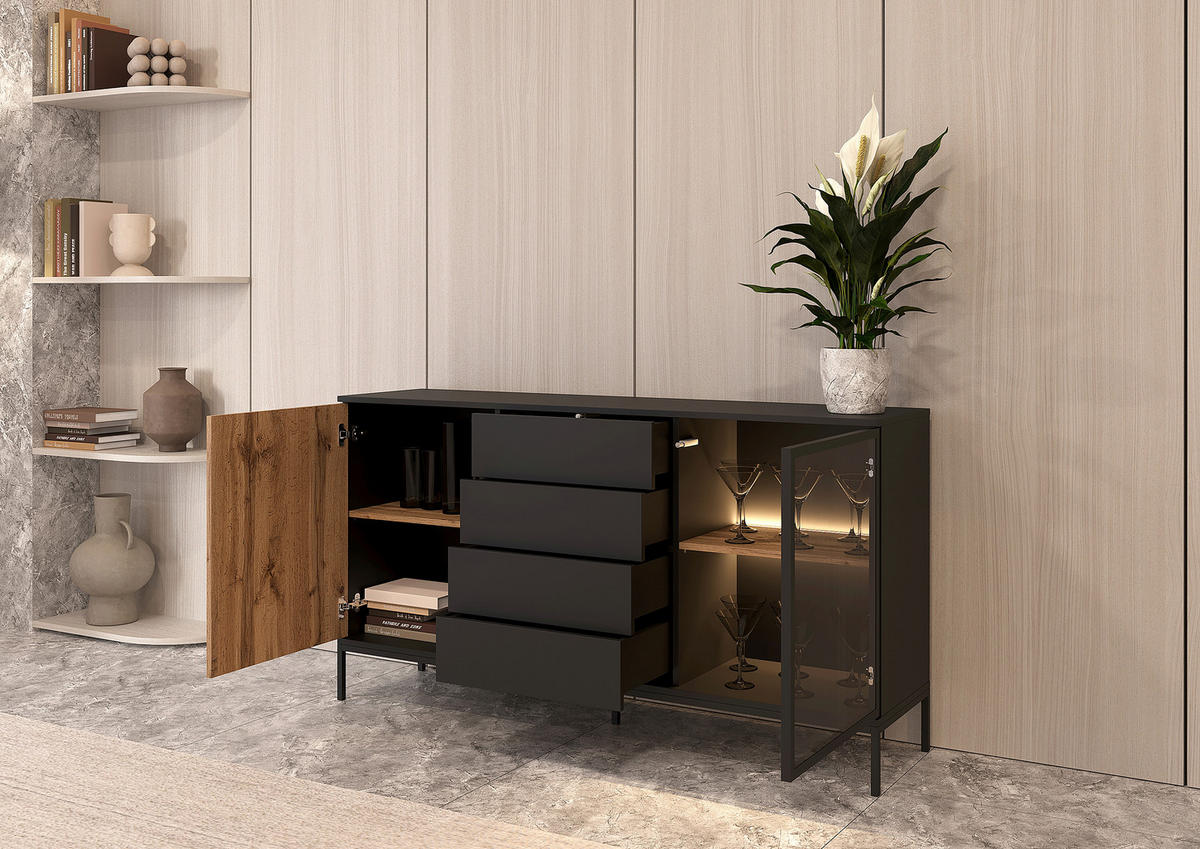 SIDEBOARD  153,6/83/38 cm 4 Schublade(n)  - Eiche Wotan/Schwarz, Konventionell, Glas/Holzwerkstoff (153,6/83/38cm) - Xora