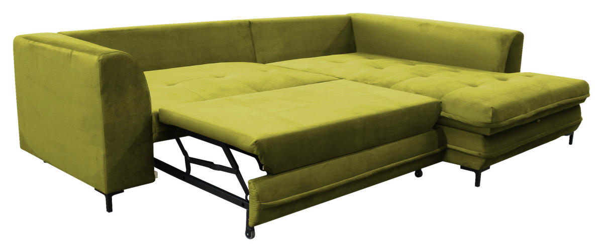 ECKSCHLAFSOFA  mit Rücken echt, Armteil rechts Velours Hellgrün  - Schwarz/Hellgrün, Design, Textil/Metall (277/187cm) - Livetastic