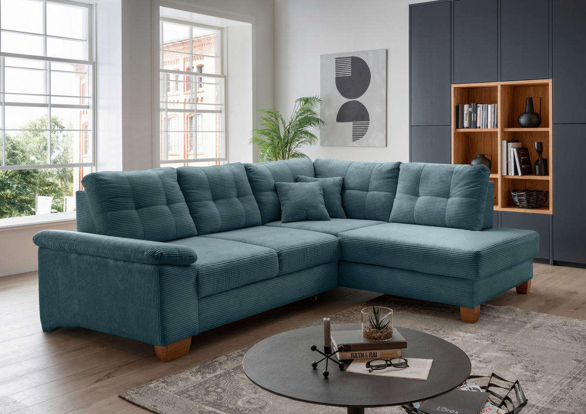 ECKSOFA in Cord Petrol  - Petrol/Naturfarben, Modern, Holz/Textil (274/206cm) - Livetastic