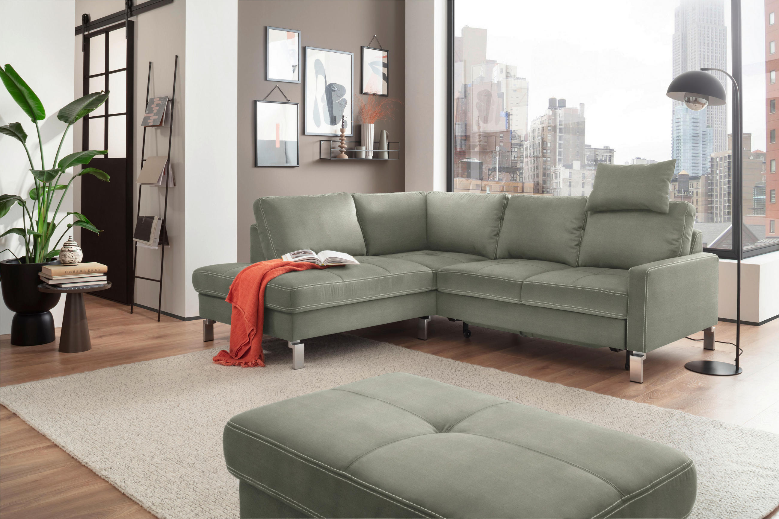 ECKSOFA in Mikrofaser Grau, Grün  - Chromfarben/Beige, Design, Textil/Metall (200/229cm) - Pure Home Lifestyle