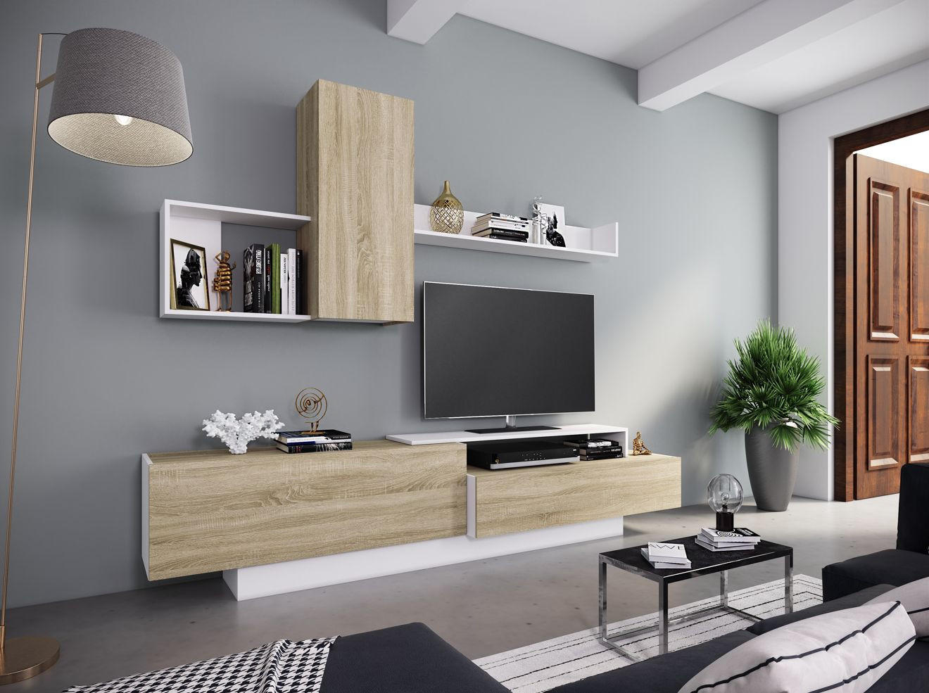 REGAL ZA DNEVNI BORAVAK bela   - sonoma hrast/bela, Moderno, pločasti materijal (240/180/40cm) - Ti'me