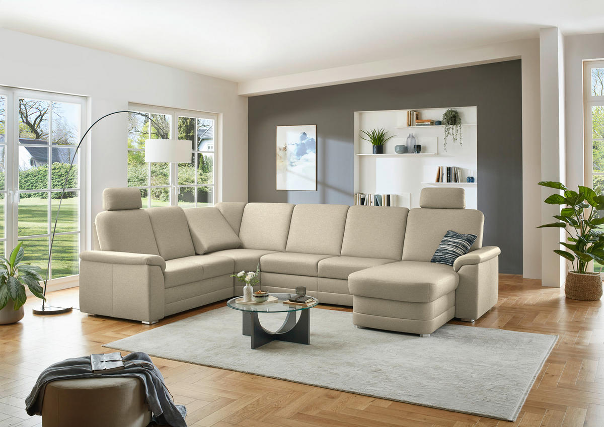 WOHNLANDSCHAFT  in Chenille Sandfarben  - Sandfarben/Alufarben, KONVENTIONELL, Holz/Textil (235/329/160cm) - Beldomo Comfort