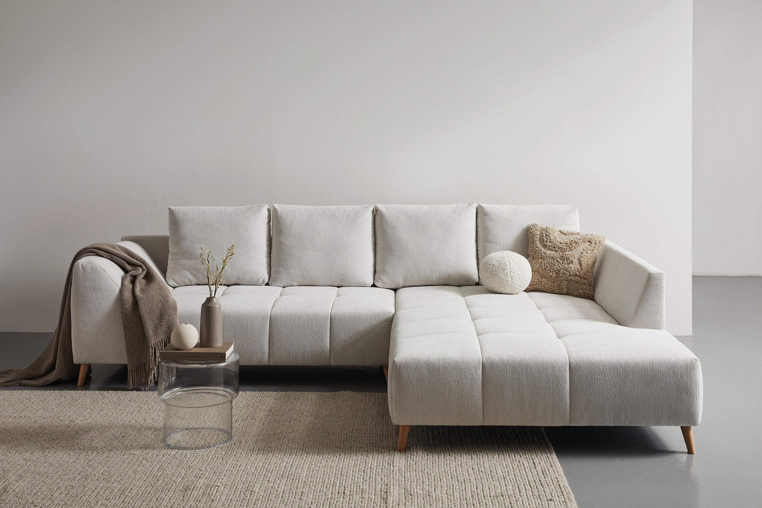 ECKSOFA Grauweiß Flachgewebe  - Buchefarben/Grauweiß, KONVENTIONELL, Holz/Textil (306/202cm) - Carryhome