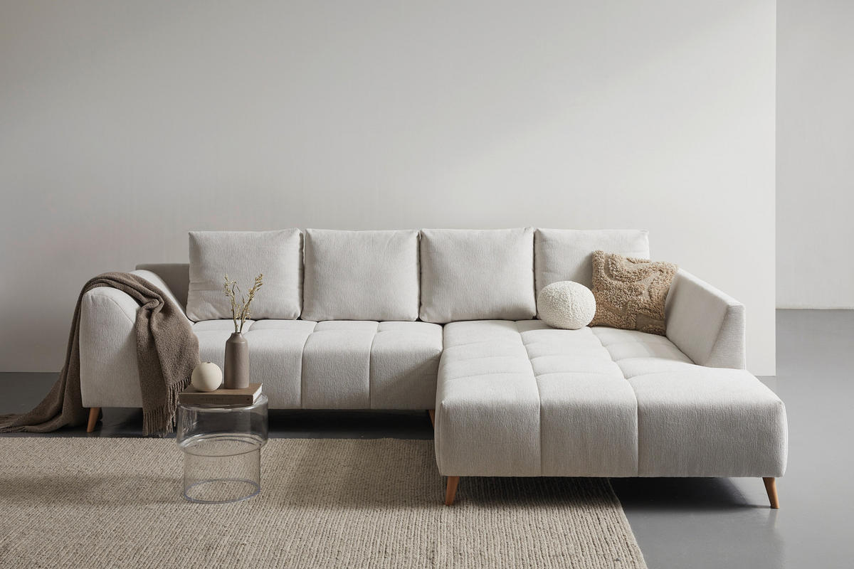 ECKSOFA Grauweiß Flachgewebe  - Buchefarben/Grauweiß, KONVENTIONELL, Holz/Textil (306/202cm) - Carryhome