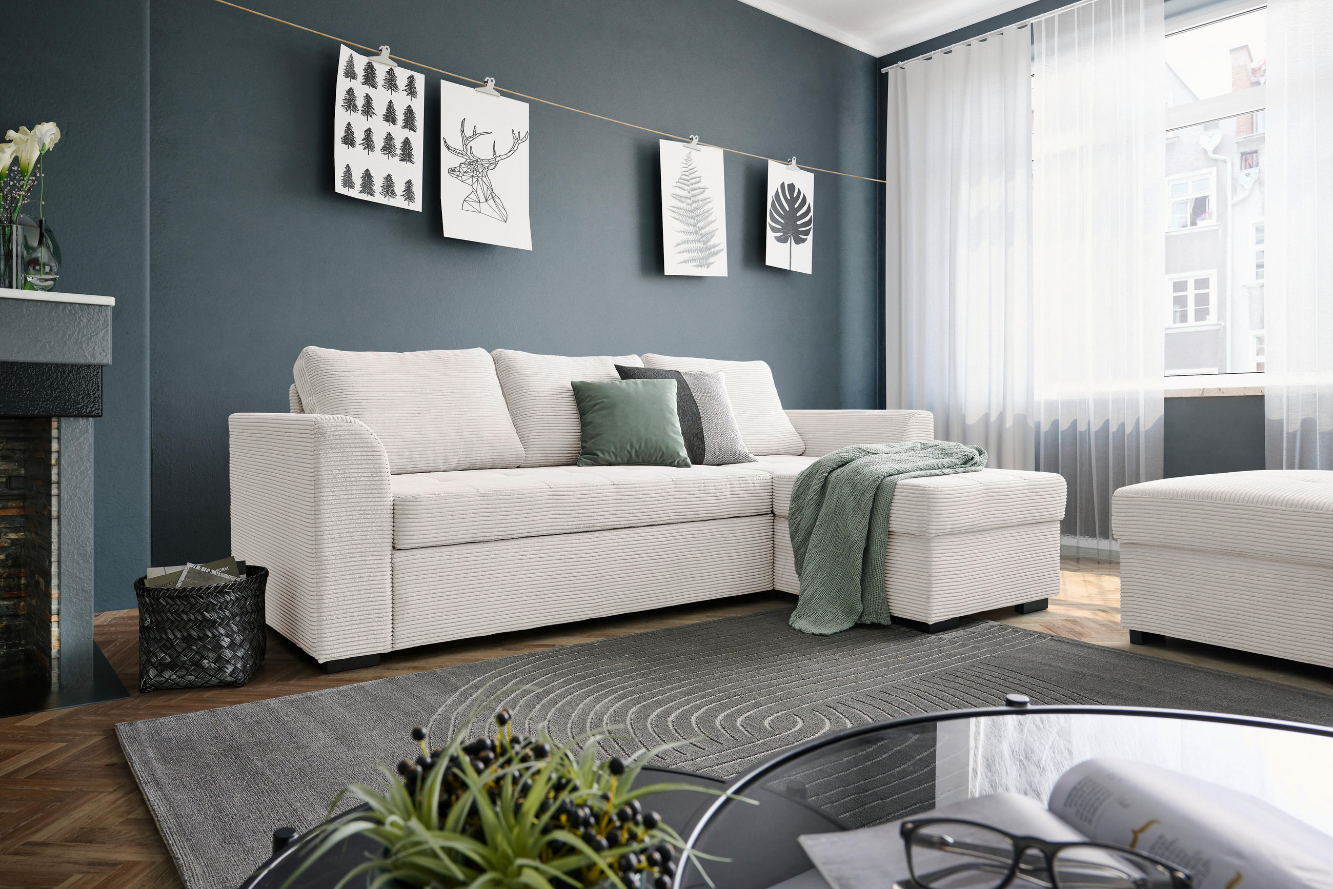 ECKSOFA Creme Cord, Velours  - Creme/Schwarz, Design, Kunststoff/Textil (243/155cm) - Xora