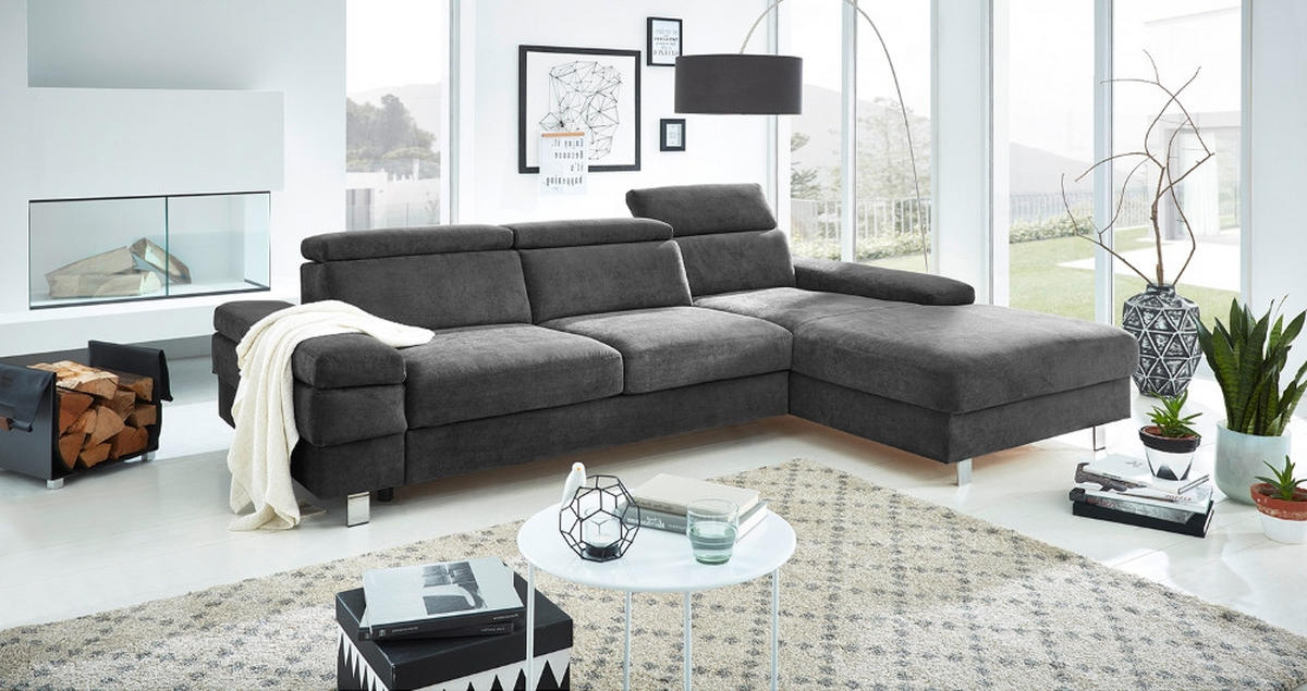 ECKSOFA Anthrazit Webstoff  - Anthrazit/Silberfarben, KONVENTIONELL, Textil/Metall (182/82/260cm) - Trendmanufaktur