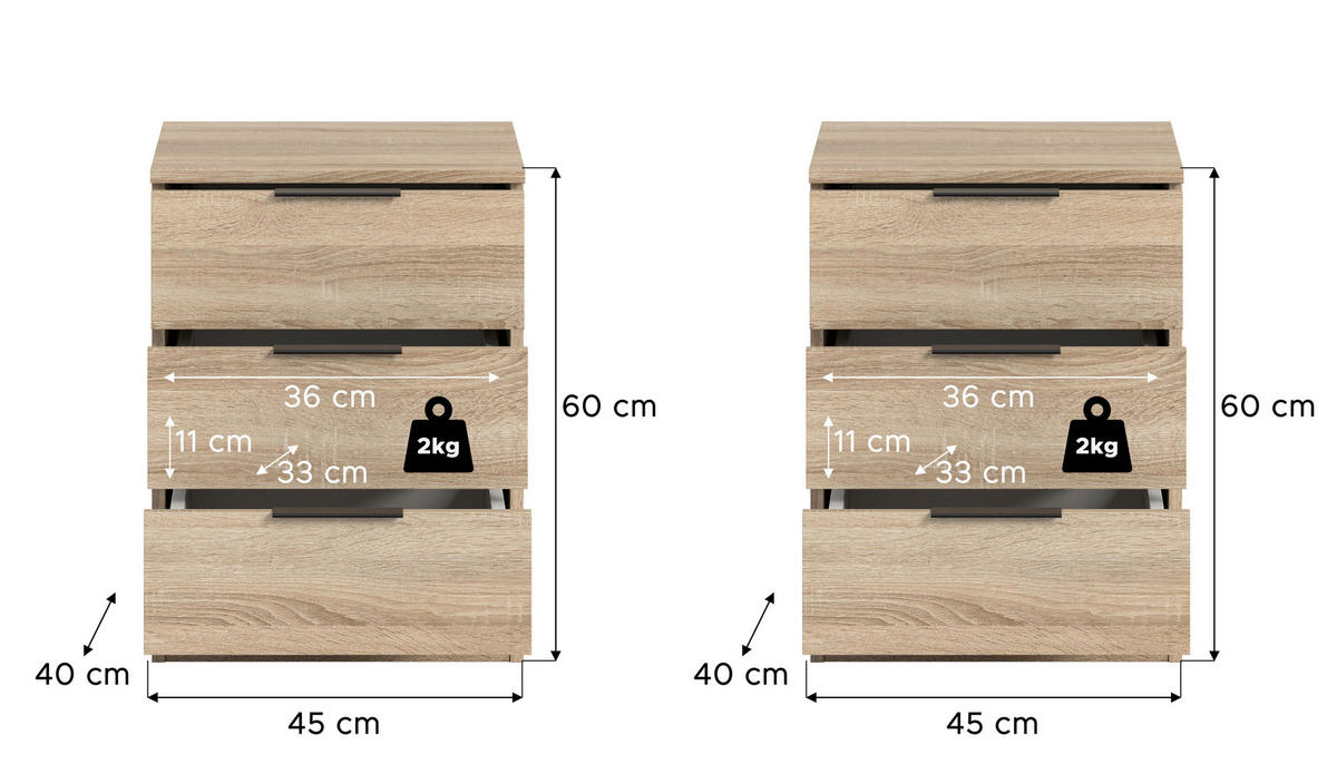 NACHTSCHRANKSET 45/60/40 cm  - Schwarz/Sonoma Eiche, MODERN, Holzwerkstoff/Kunststoff (45/60/40cm) - MID.YOU