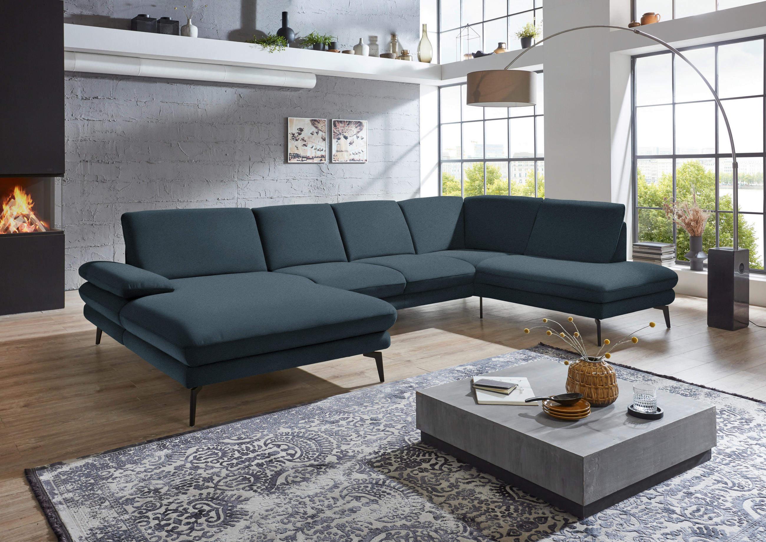 WOHNLANDSCHAFT in Webstoff Dunkelblau  - Schwarz/Dunkelblau, Design, Textil/Metall (180/344/208cm) - Dieter Knoll