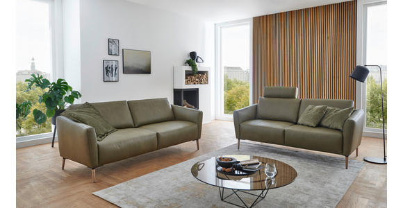 2-SITZER-SOFA Olivgrün Echtleder - Eichefarben/Beige, Natur, Leder/Holz (182/86/87cm) - Valnatura