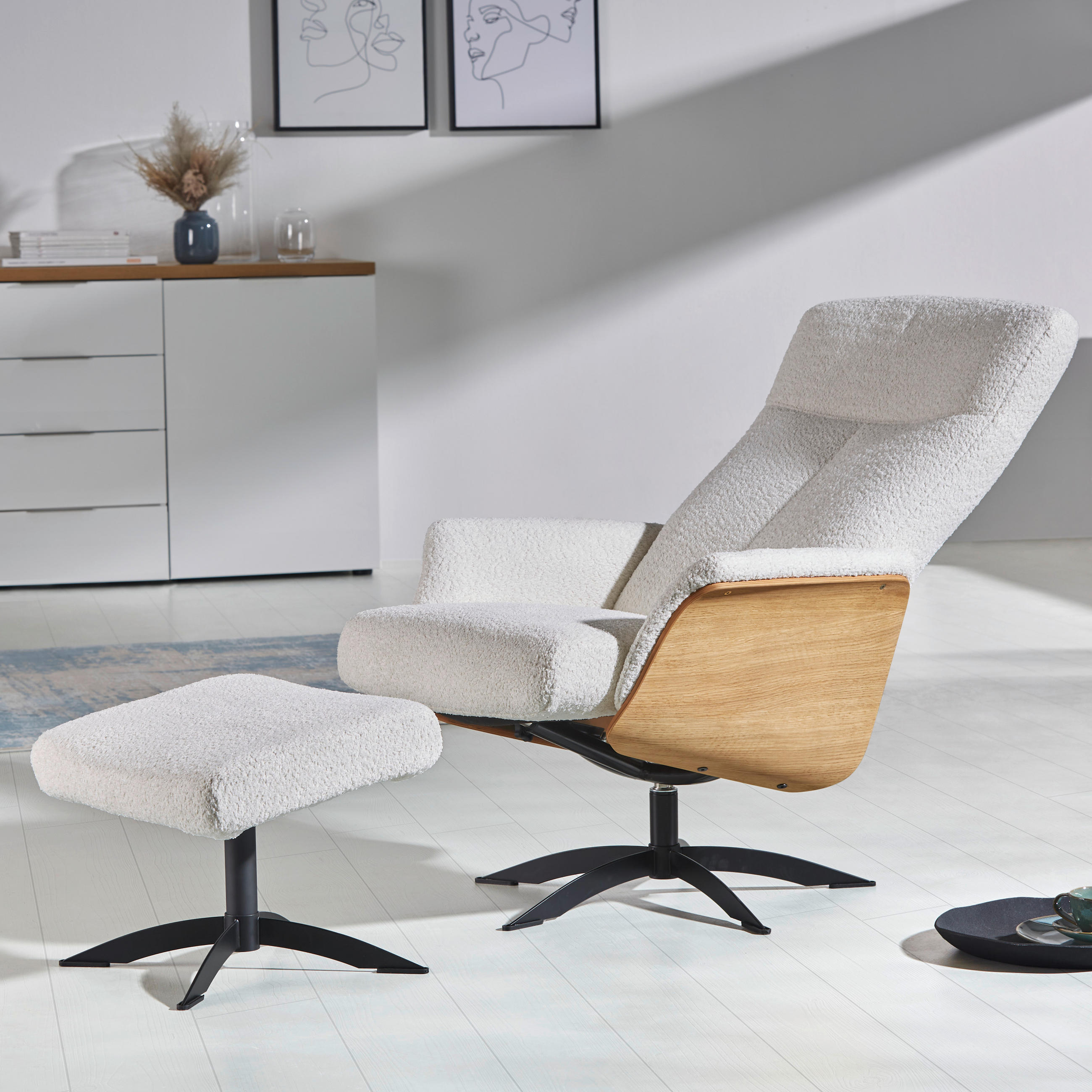 RELAXSESSEL Teddystoff Relaxfunktion    - Creme/Schwarz, Design, Holz/Textil (71/104/77cm) - Welnova