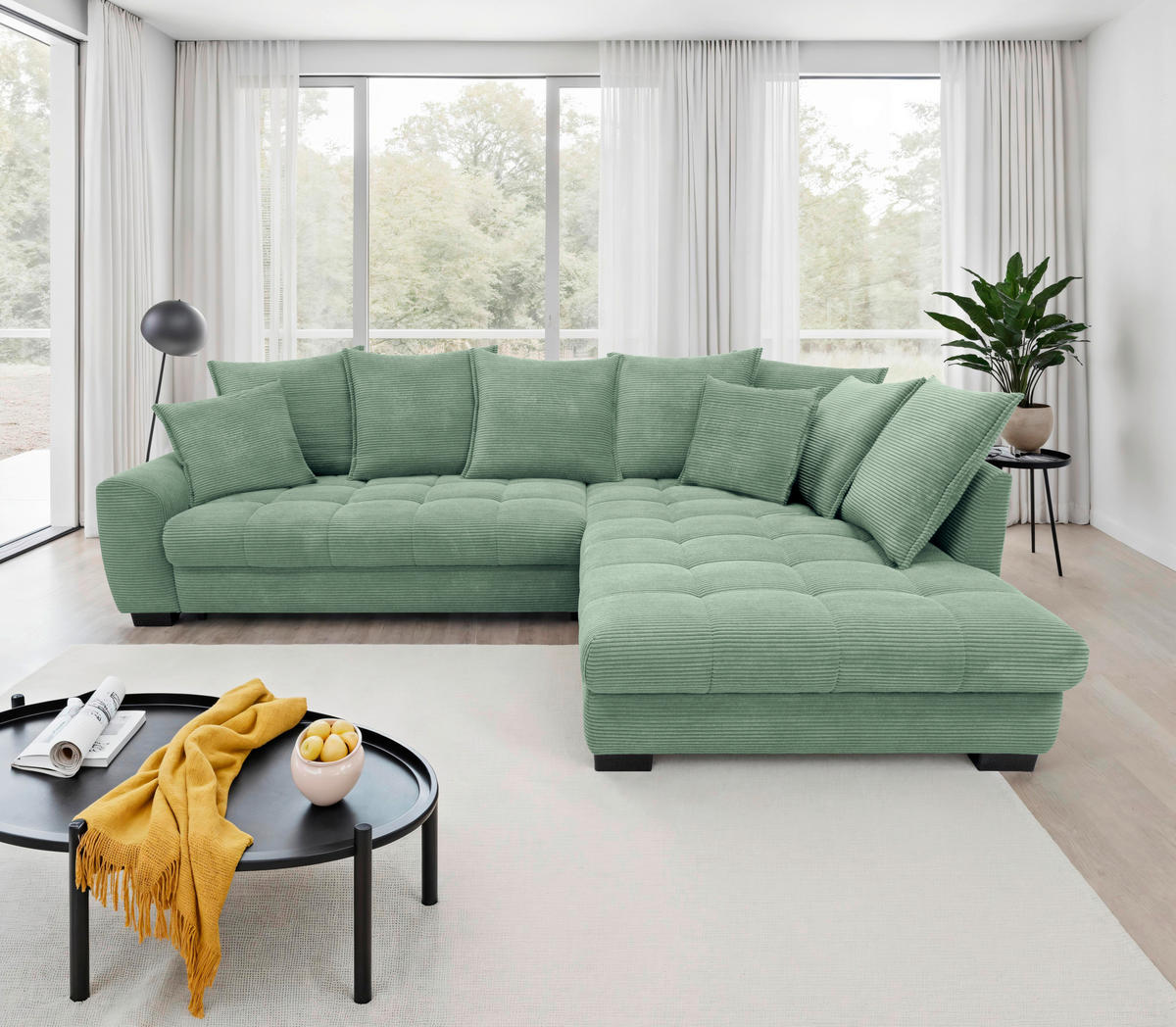 ECKSOFA Pastellgrün Cord Rückenkissen, Armlehnenkissen, Bettkasten, Schlaffunktion, Rücken echt, Liegefläche im Originalstoff  - Pastellgrün/Schwarz, KONVENTIONELL, Kunststoff/Textil (304/212cm) - Carryhome