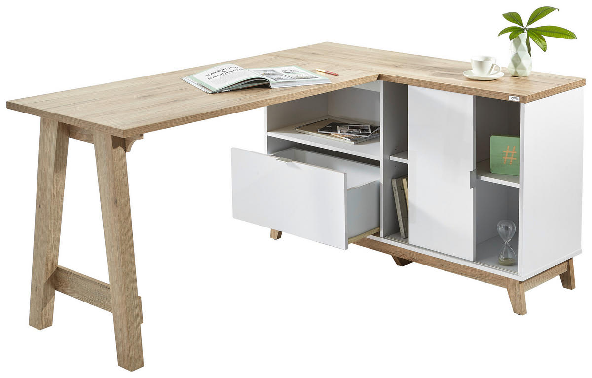 ECKSCHREIBTISCH 159/120/76 cm  in Weiß, Eiche San Remo  - Eichefarben/Silberfarben, Design, Holzwerkstoff/Metall (159/120/76cm) - Voleo