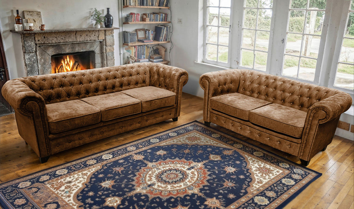 CHESTERFIELD-SOFA CHESTERFIELD Flachgewebe Cognac  - Cognac/Schwarz, KONVENTIONELL, Holz/Textil (225/72/92cm) - Livetastic
