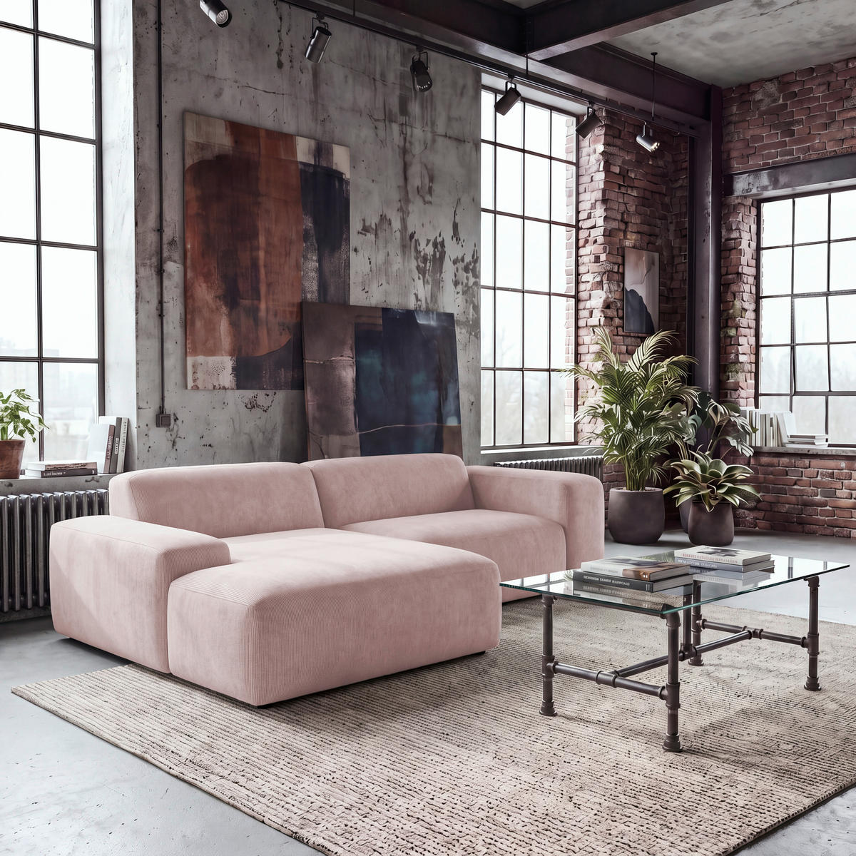 ECKSOFA 170/252 cm HANNAH in Cord Rosa  170/252 cm  - Schwarz/Rosa, Design, Kunststoff/Textil (170/252cm) - MID.YOU