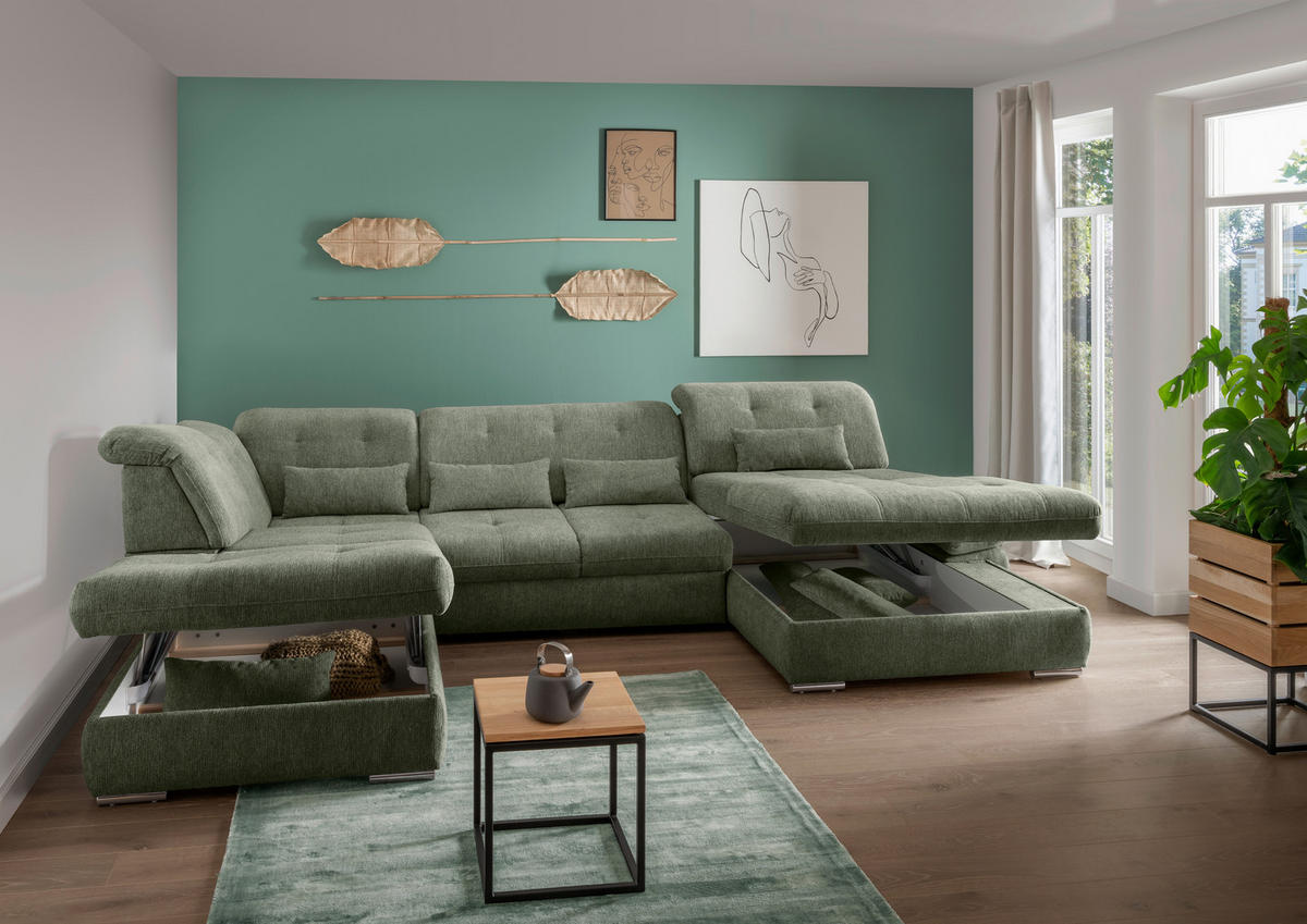 WOHNLANDSCHAFT Dunkelgrün Chenille  - Chromfarben/Dunkelgrün, MODERN, Textil/Metall (254/376/195cm) - Livetastic
