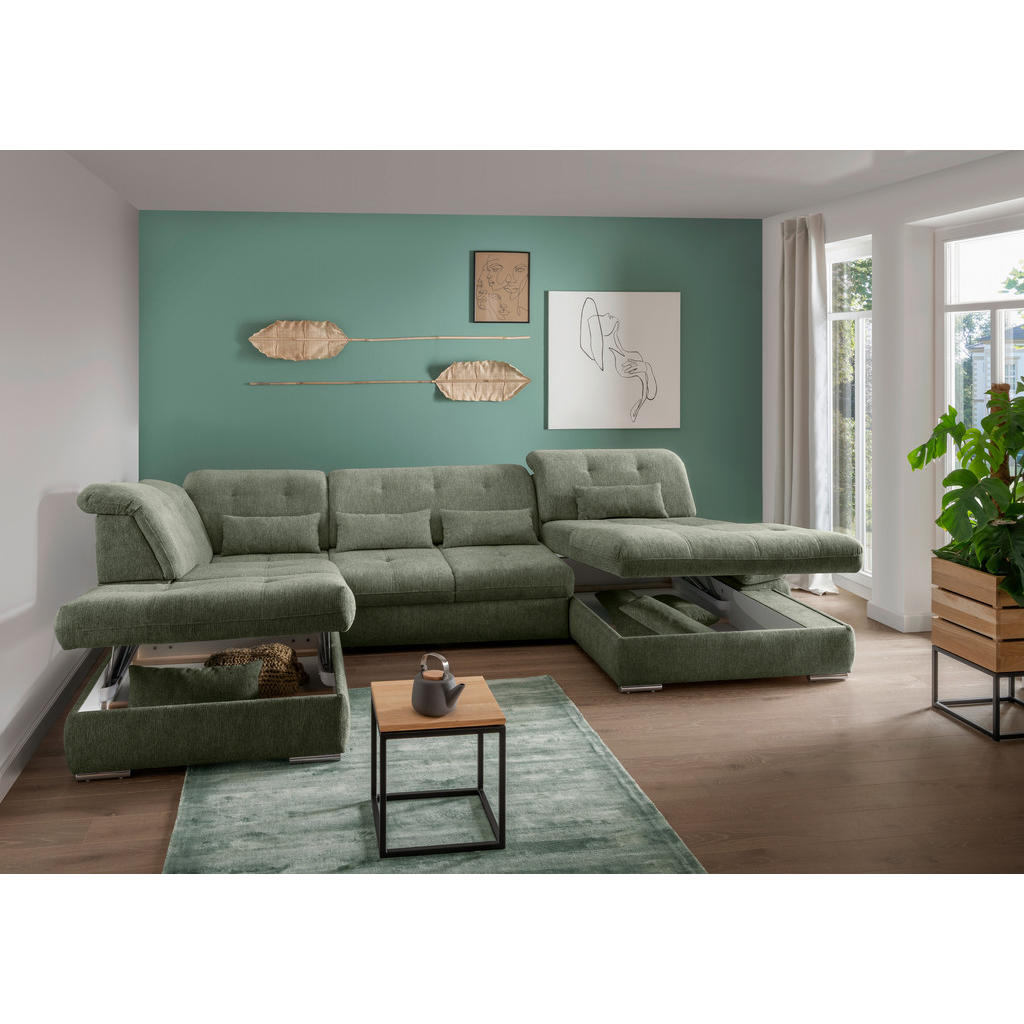 Thumbnail - Livetastic Wohnlandschaft Dalida, Dunkelgrün, Textil, Uni, 7-Sitzer, Füllung: Schaumstoff, Ottomane links, U-Form, 376x2...