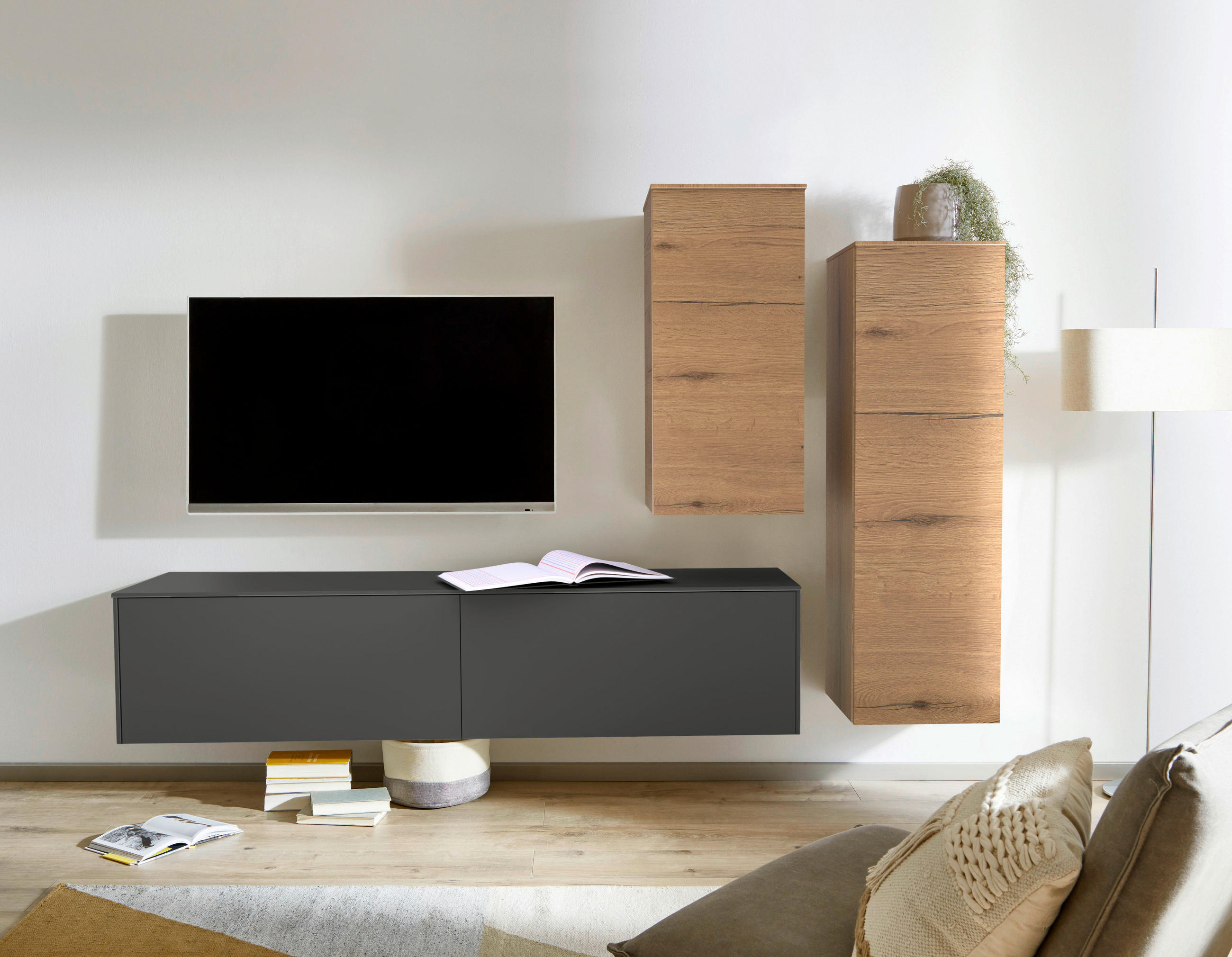 WOHNWAND 3-teilig  in Anthrazit, Eichefarben, Schieferfarben, Hellbraun  234/174/37 cm  - Hellbraun/Schieferfarben, Design, Holzwerkstoff (234/174/37cm) - Celina Home