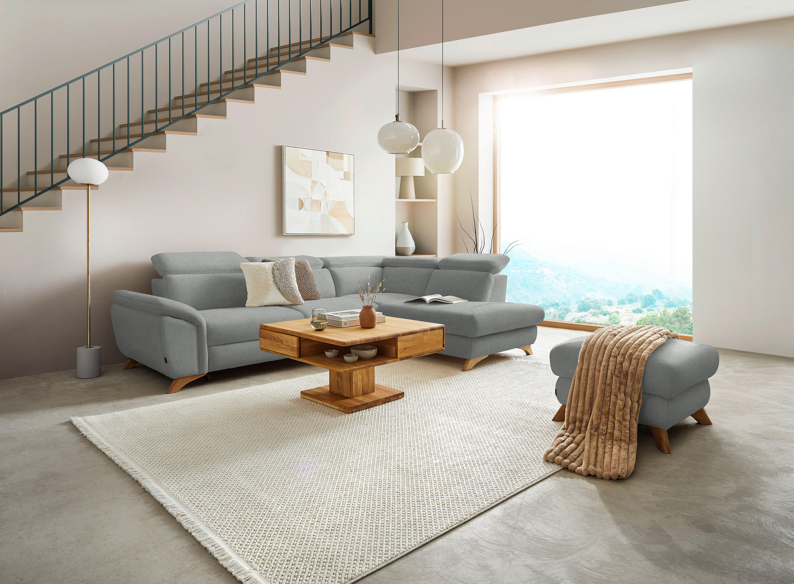 ECKSOFA in Flachgewebe Hellgrau  - Eichefarben/Hellgrau, Modern, Holz/Textil (287/212cm) - Valnatura