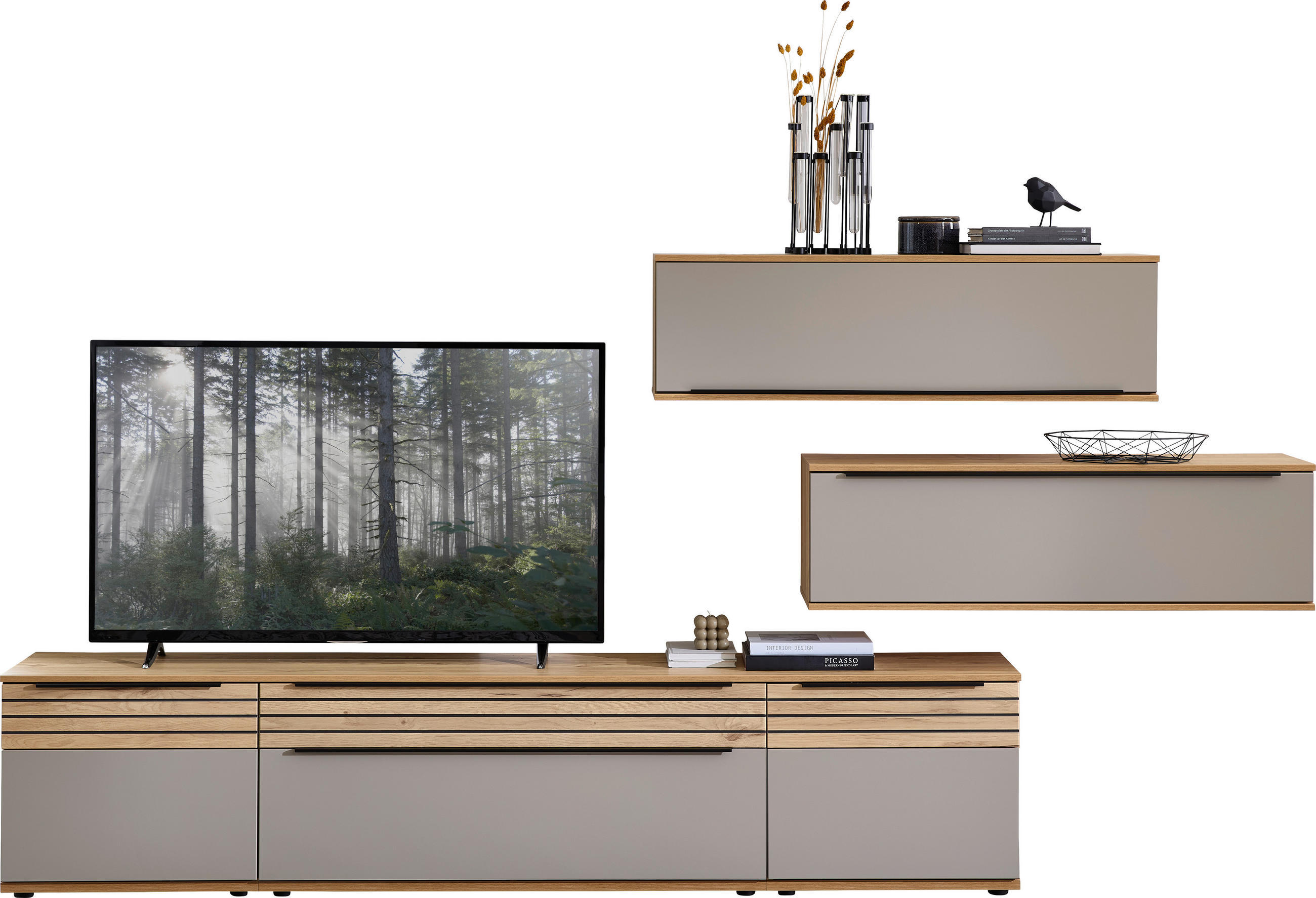 WOHNWAND  in Grau, Eichefarben  300/215/45 cm  - Eichefarben/Schwarz, KONVENTIONELL, Holzwerkstoff/Kunststoff (300/215/45cm) - Venda