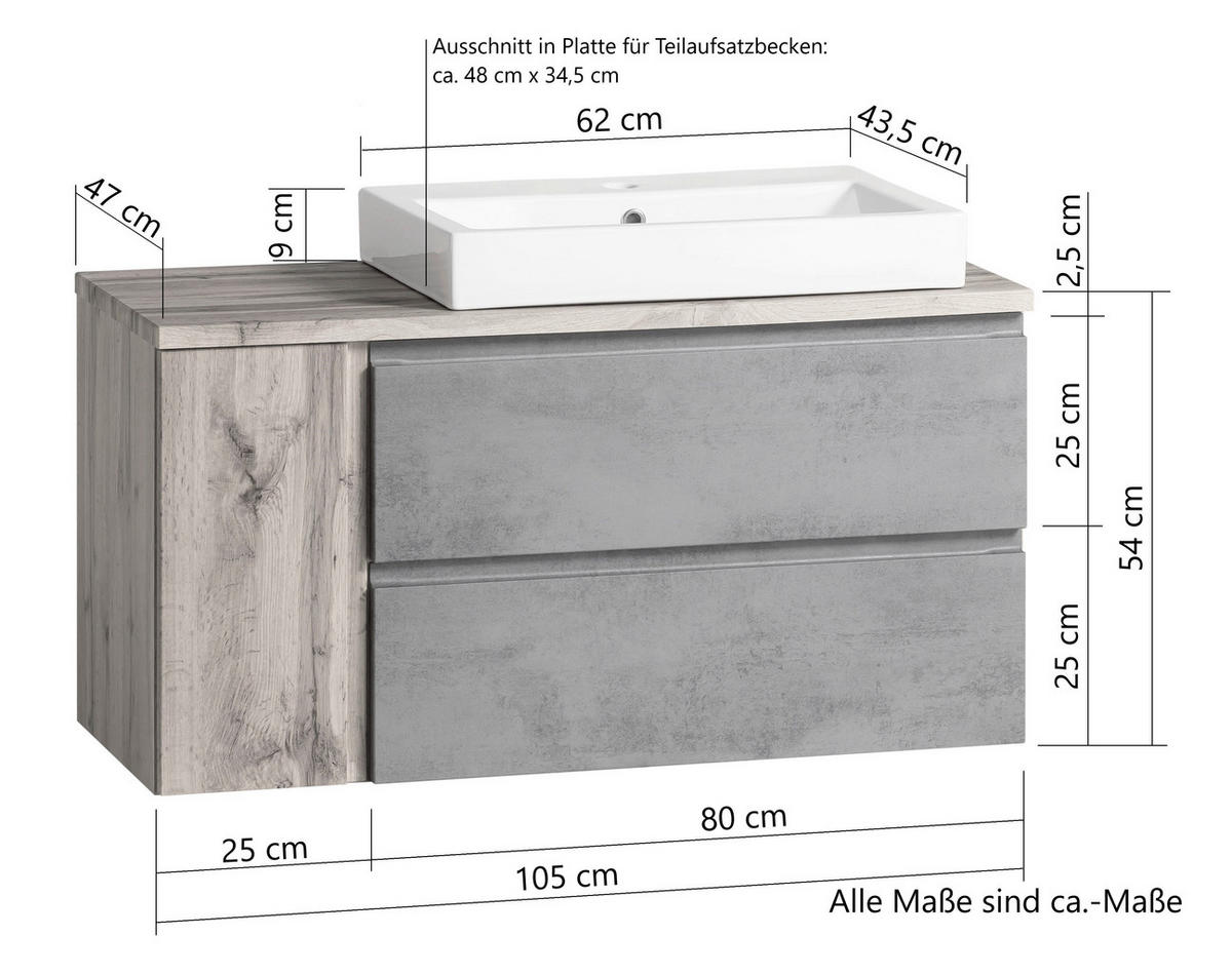 SKRINKA S UMÝVADLOM, 105 cm - svetlosivá/dub wotan, Modern, kompozitné drevo/keramika (105cm) - Held