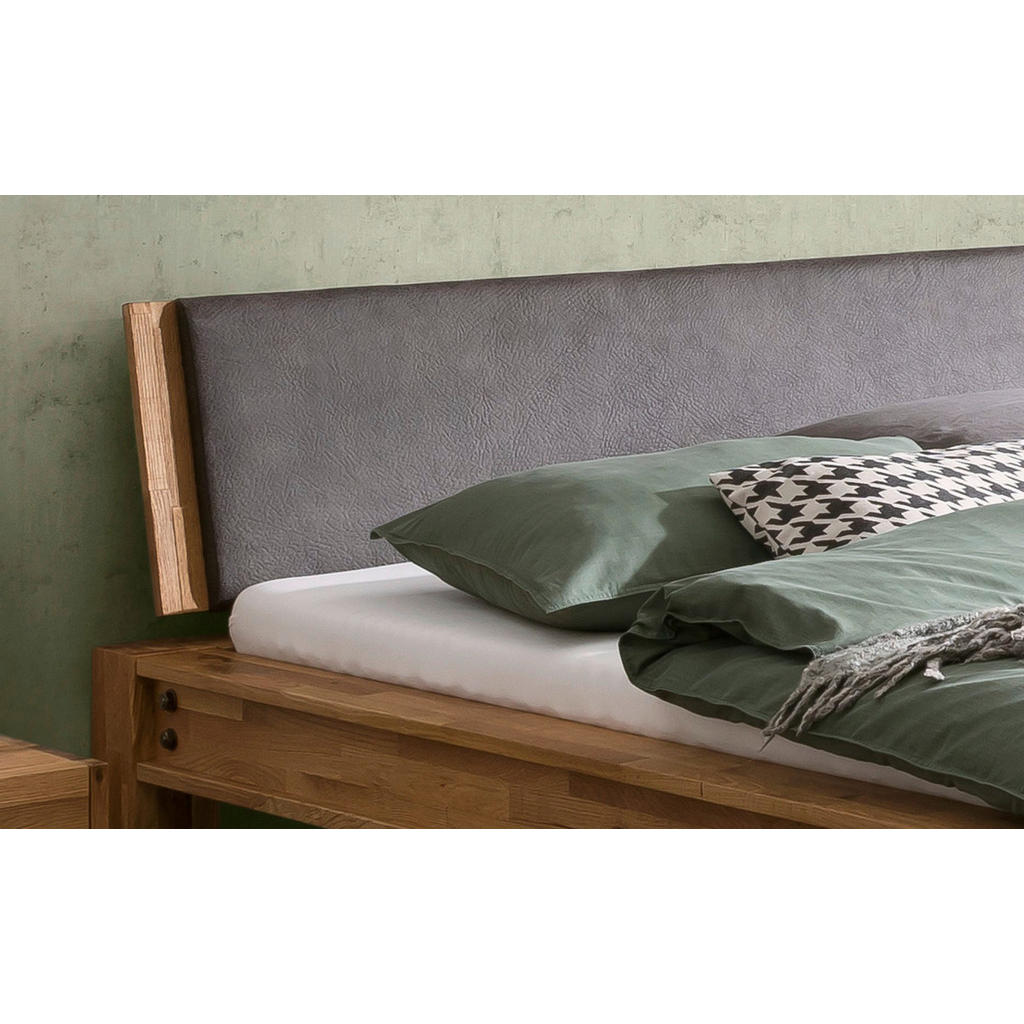 Thumbnail - Hasena Balkenbett, Grau, Eiche, Holz, Textil, Eiche, massiv, Höhe ca. 22 cm, 140x200 cm, gepolstertes Kopfteil, in versc...