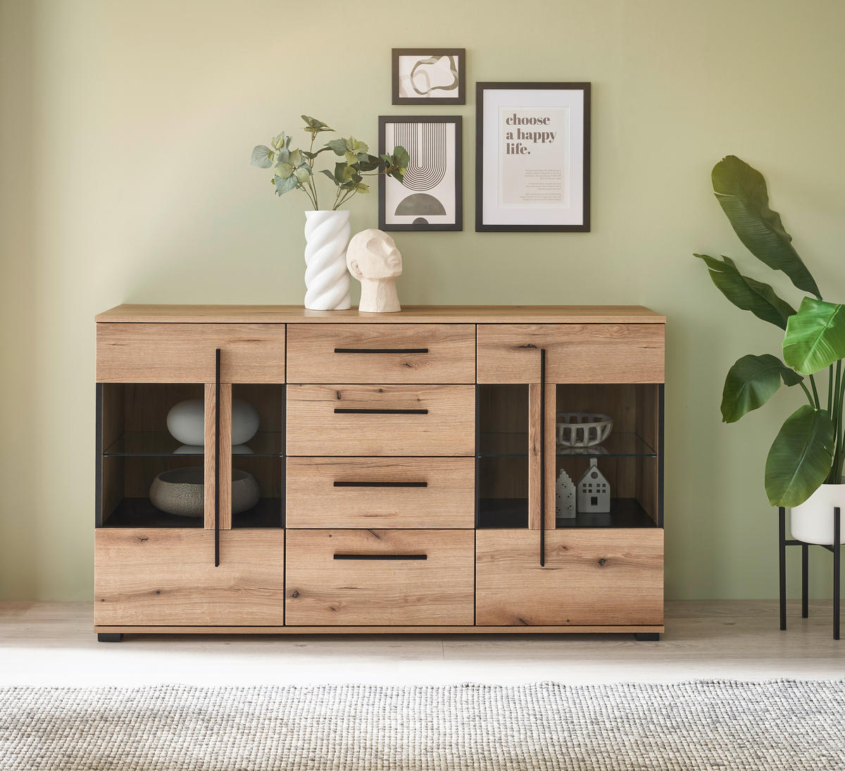 SIDEBOARD  150/86/42 cm 4 Schublade(n)  - Eichefarben/Schwarz, Design, Glas/Holzwerkstoff (150/86/42cm) - Livetastic