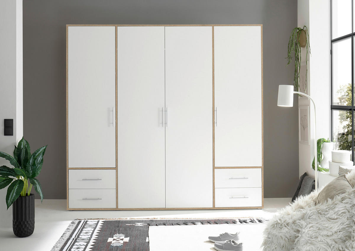 GARDEROB MED GÅNGJÄRN 206/195/60 cm 4-dörrar - vit/Sonoma ek, Modern, trämaterial/plast (206/195/60cm) - MID.YOU