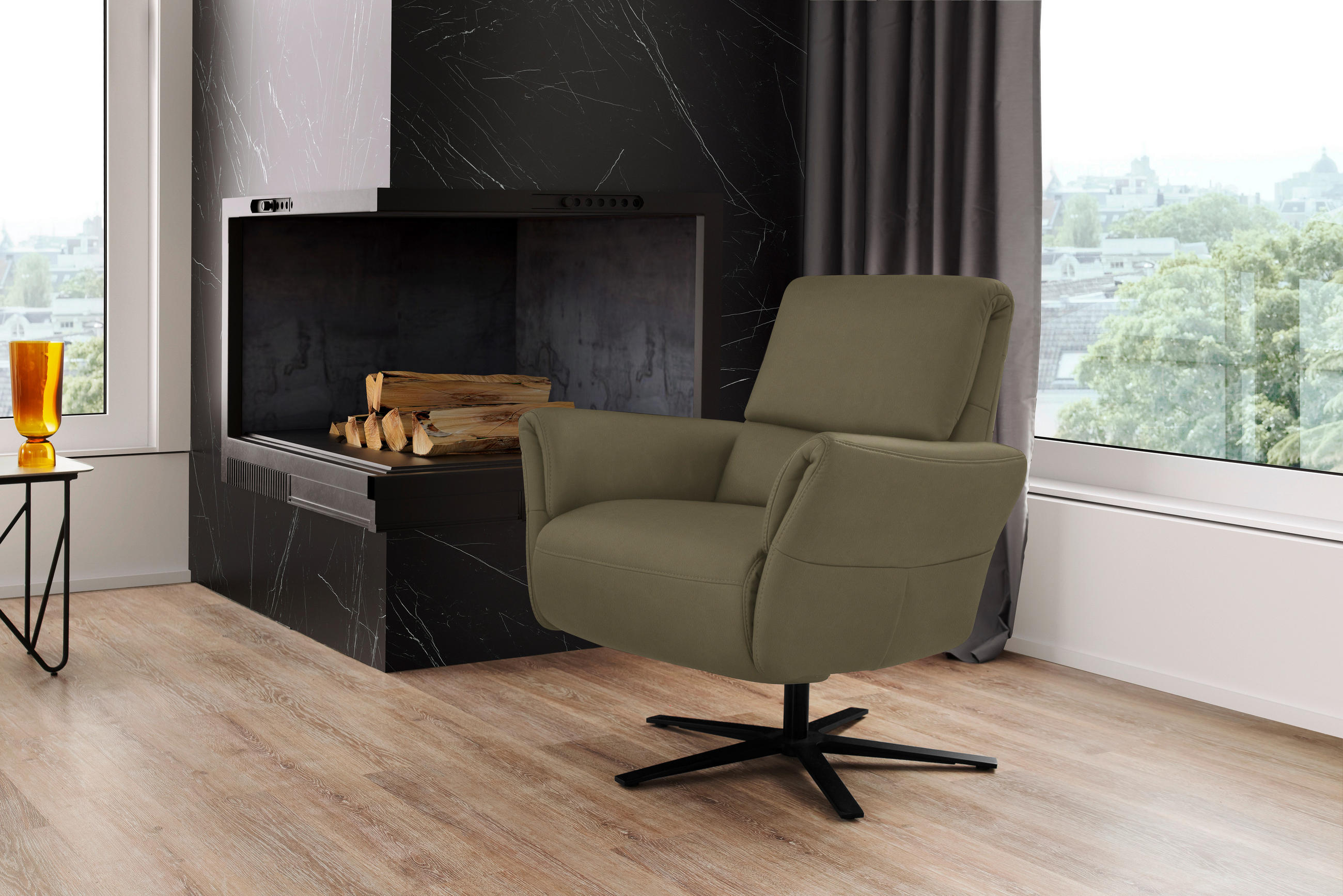 RELAXSESSEL Echtleder Relaxfunktion, Kopfteilverstellung, Nackenkissen    - Schwarz/Olivgrün, Design, Leder/Metall (81/118/82cm) - Schöner Wohnen