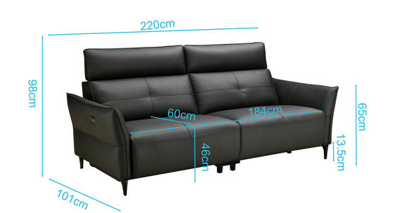 2,5-SITZER  in Echtleder Schwarz   - Schwarz, Design, Leder/Metall (220/98/101cm) - Novel