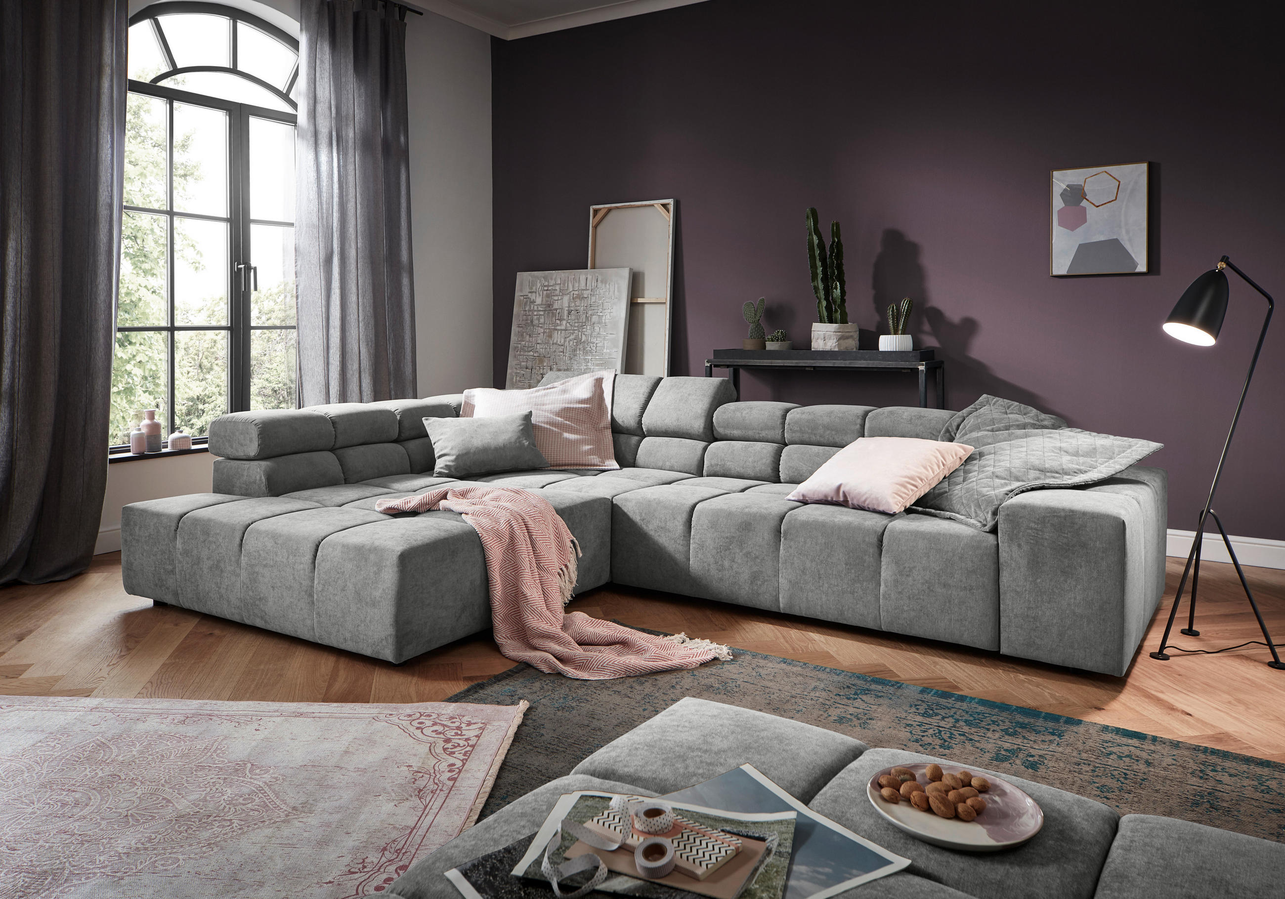 ECKSOFA Hellgrau Velours  - Hellgrau/Schwarz, Design, Kunststoff/Textil (213/317cm) - Hom`in