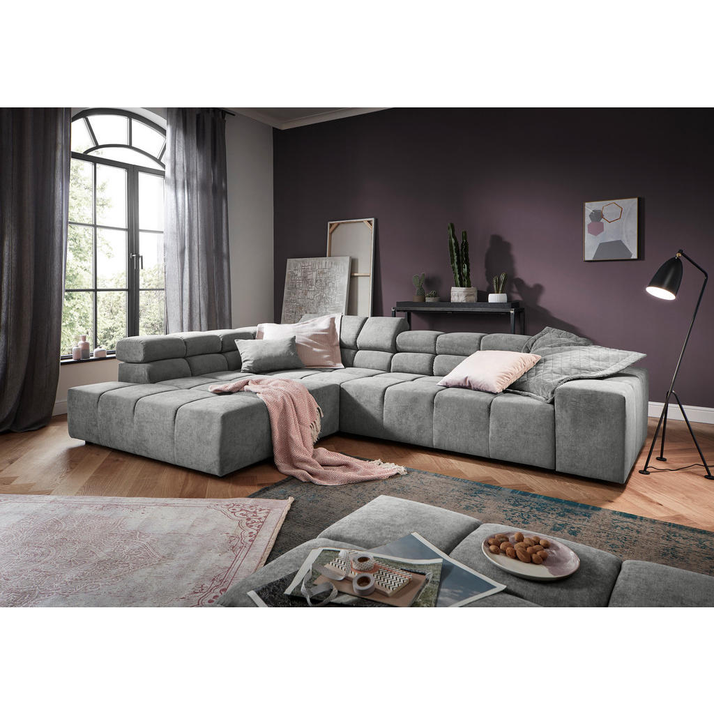 Thumbnail - Hom`in Ecksofa, Hellgrau, Textil, 4-Sitzer, Füllung: Schaumstoff, Ottomane links, L-Form, 317x213 cm, Blauer Engel, Gold...