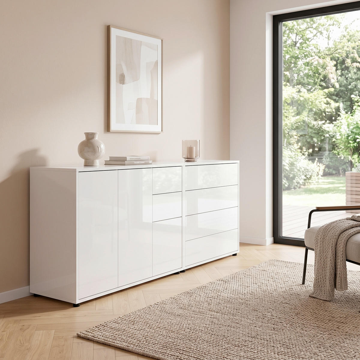 SIDEBOARD Mailand Set 9 184,5/73/33 cm 6 Schublade(n)  - Weiß Hochglanz/Schwarz, MODERN, Holzwerkstoff/Kunststoff (184,5/73/33cm) - MID.YOU