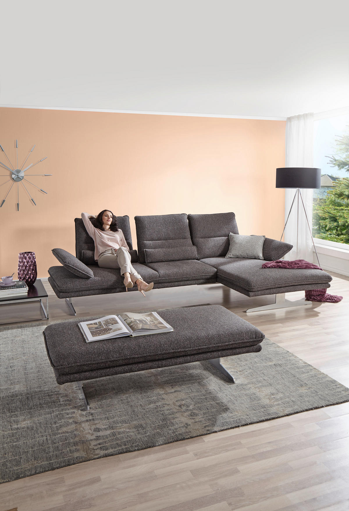 ECKSOFA Webstoff Anthrazit  - Chromfarben/Anthrazit, Design, Textil/Metall (291/164cm) - Chilliano