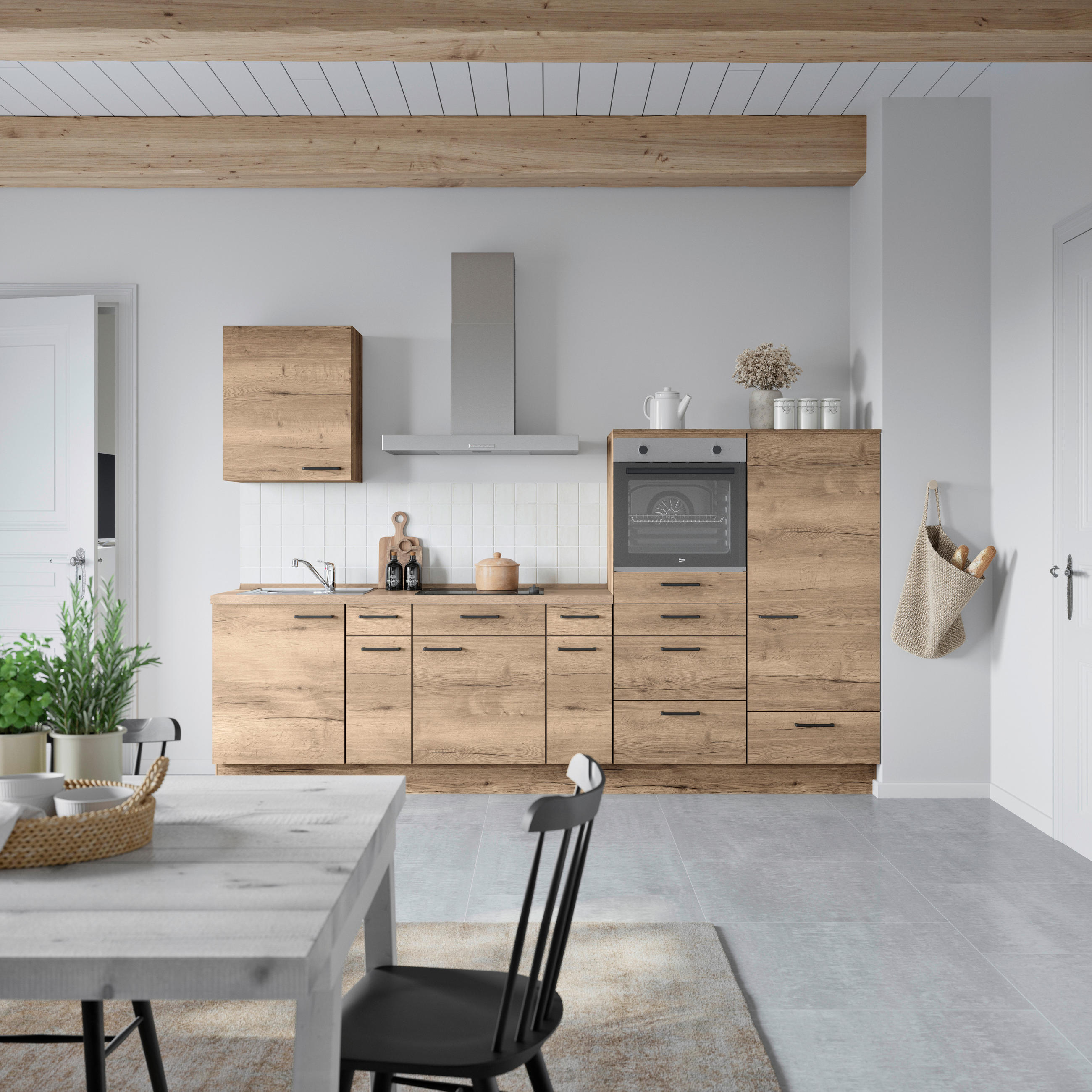 KÜCHENBLOCK 300 cm   in Eiche dunkel  - Eiche dunkel/Eichefarben, MODERN, Holzwerkstoff/Metall (300cm) - Nobilia