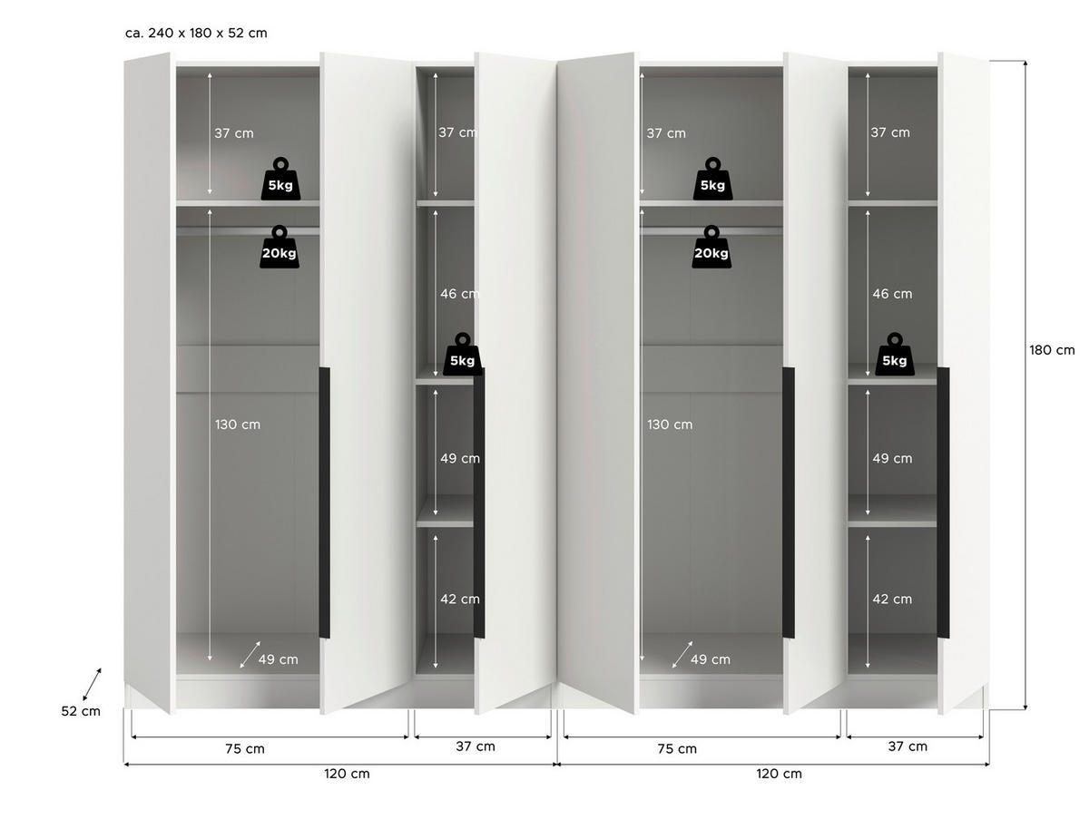 DREHTÜRENSCHRANK  in Weiß  - Schwarz/Weiß, MODERN, Holzwerkstoff (240/181/52cm) - MID.YOU
