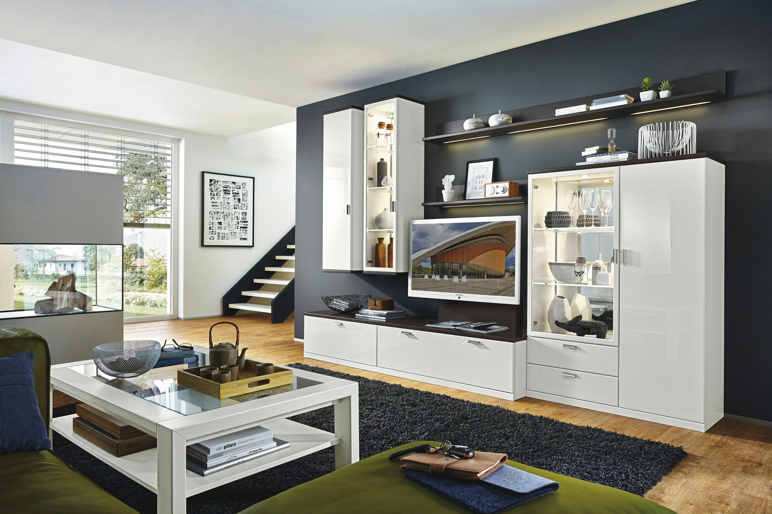 WOHNWAND Kira System  in Graphitfarben, Weiß  315/218/55,1 cm  - Graphitfarben/Weiß, Design, Holzwerkstoff (315/218/55,1cm) - Musterring