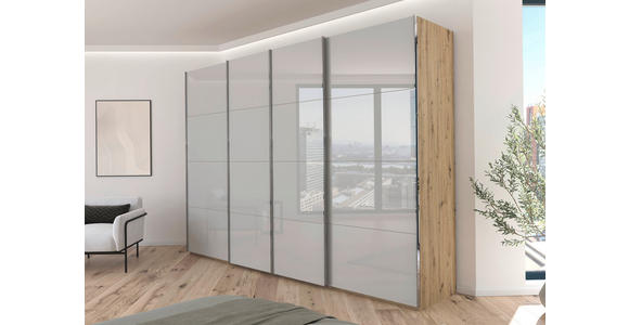 SCHWEBETÜRENSCHRANK 316/223/68 cm 4-türig Hellgrau, Eiche Artisan  - Chromfarben/Hellgrau, Design, Glas/Holzwerkstoff (316/223/68cm) - Novel