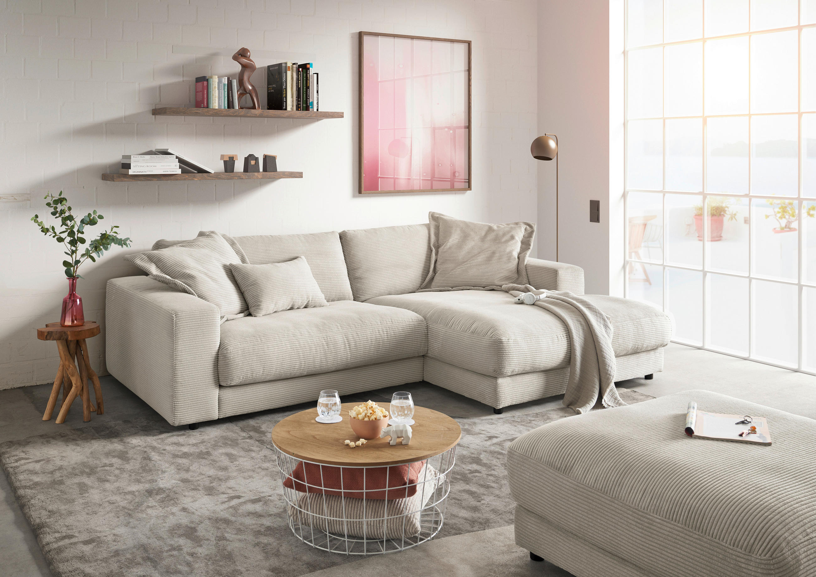 HOCKER Cord Hellgrau  - Hellgrau/Schwarz, Design, Kunststoff/Textil (100/86/100cm) - Pure Home Lifestyle