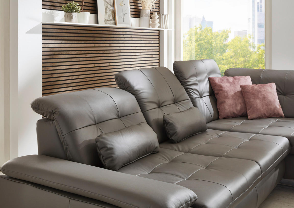 ECKSOFA in Echtleder Grau  - Alufarben/Grau, Design, Leder/Metall (309/211cm) - Beldomo Speed