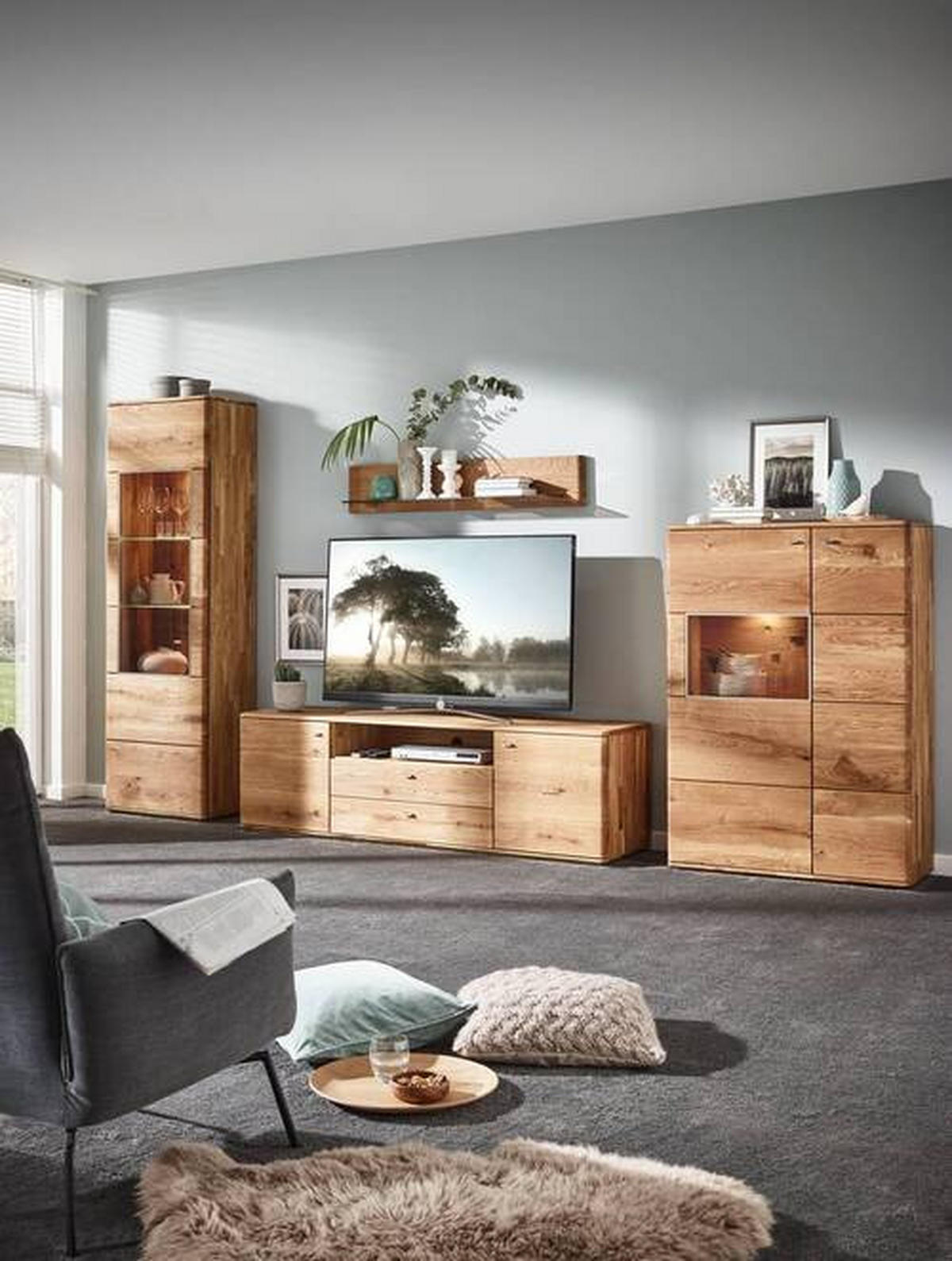WOHNWAND Denver  in Eichefarben  350/201/48 cm  - Eichefarben/Silberfarben, KONVENTIONELL, Glas/Holz (350/201/48cm) - Linea Natura