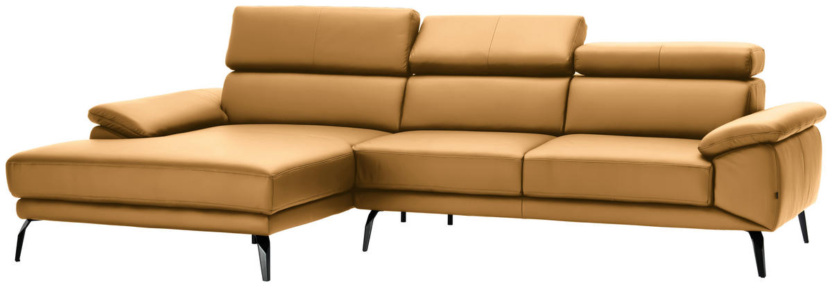 ECKSOFA in Echtleder Senfgelb  - Senfgelb/Schwarz, Design, Leder/Metall (187/295cm) - Novel