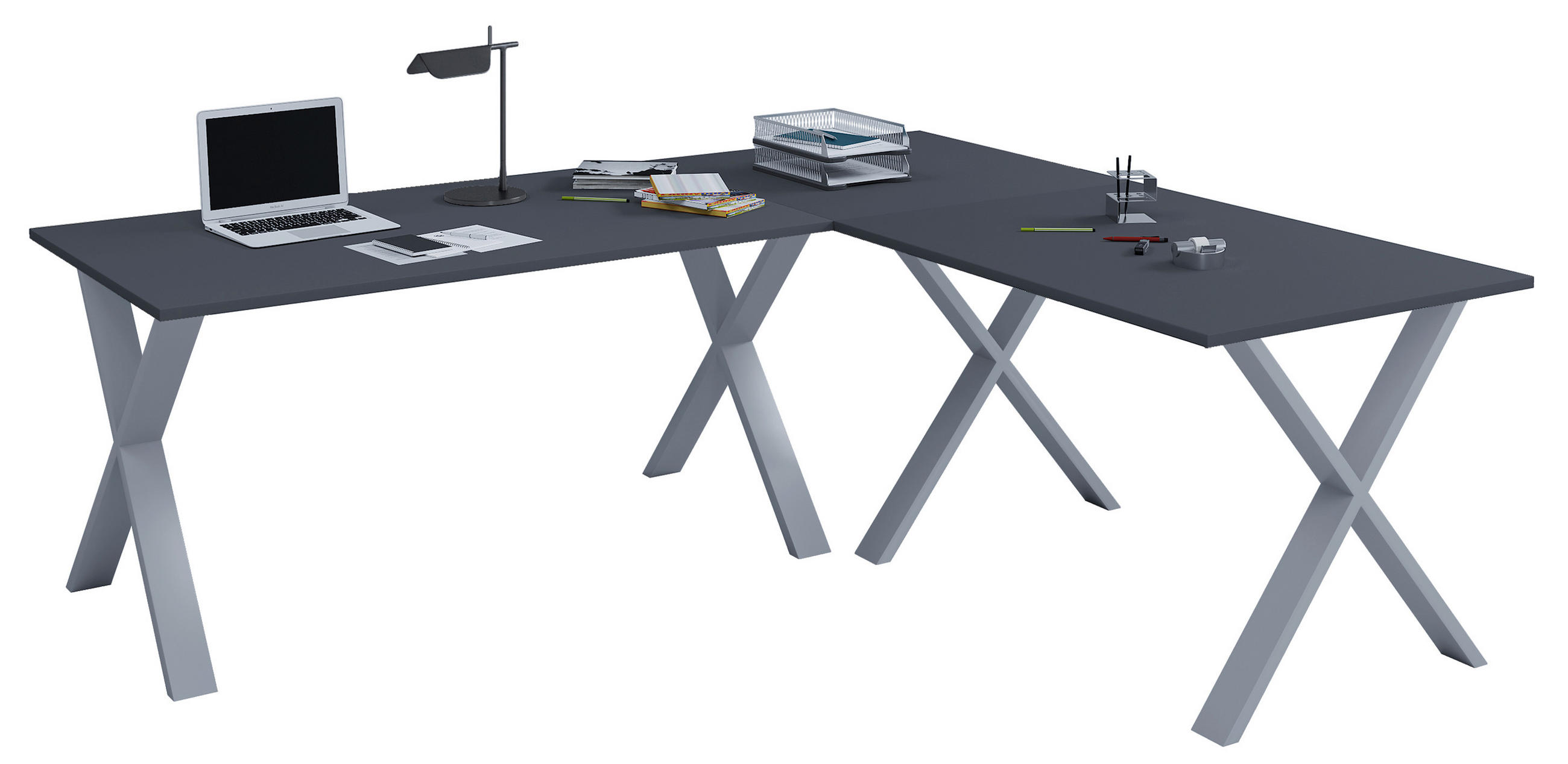 ECKSCHREIBTISCH 190/130/76 cm  in Anthrazit, Silberfarben  - Anthrazit/Silberfarben, Design, Holzwerkstoff/Metall (190/130/76cm) - MID.YOU