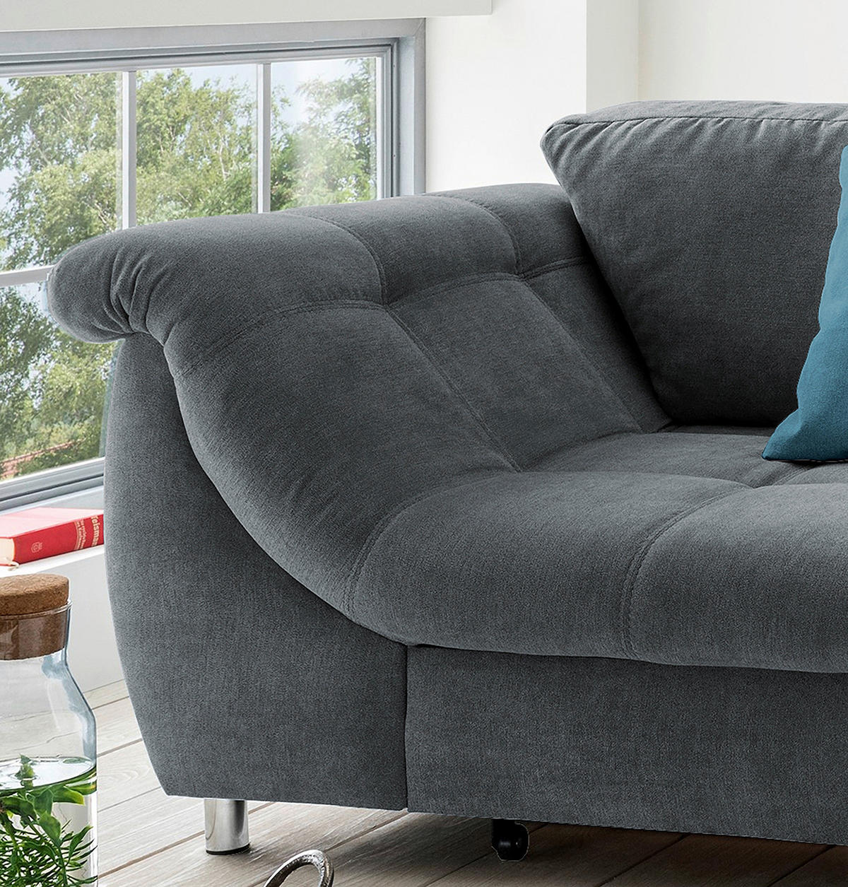 ECKSCHLAFSOFA in Mikrofaser Anthrazit  - Chromfarben/Blau, Modern, Textil/Metall (250/190cm) - Livetastic