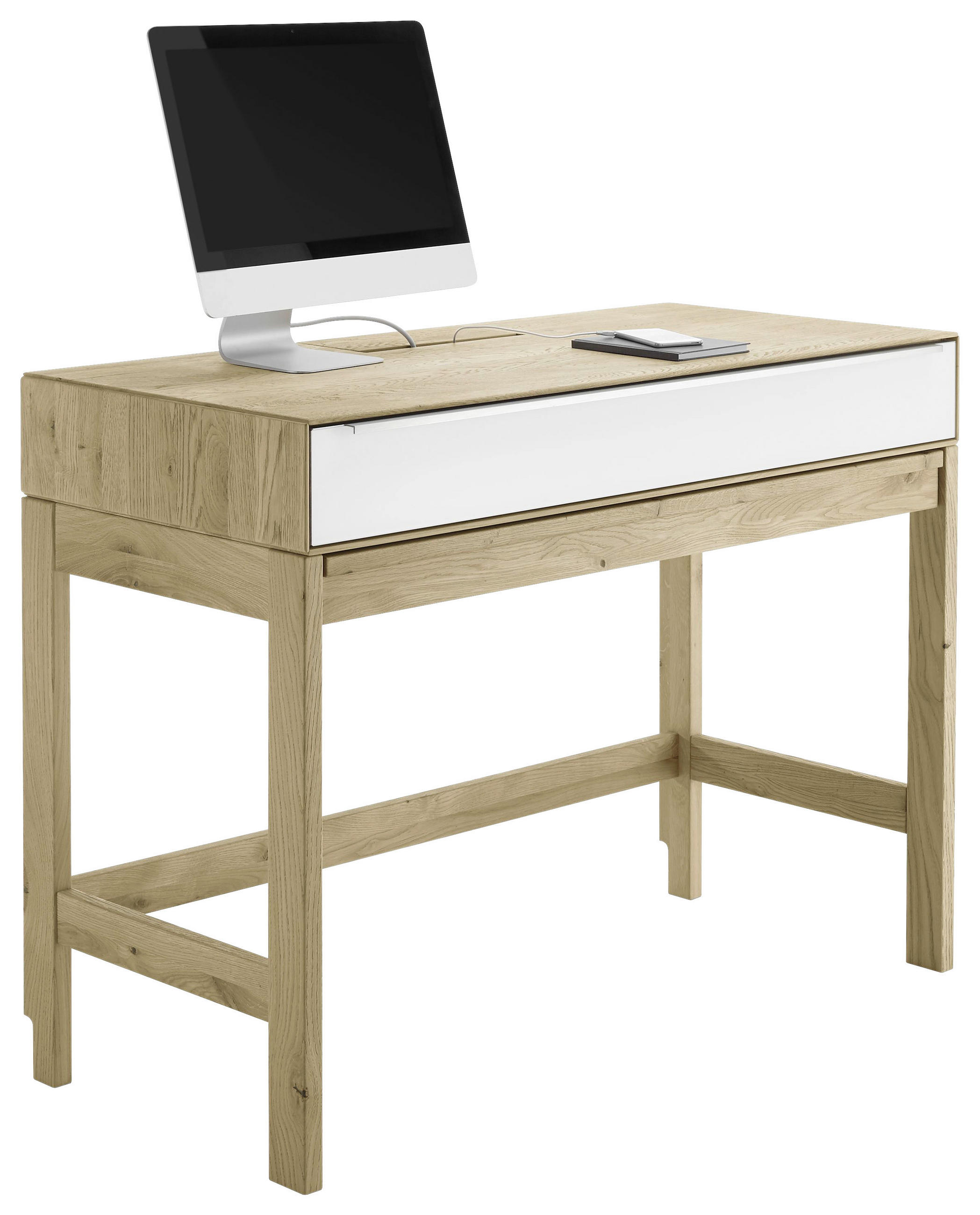 SCHREIBTISCH 122/58,3/93,4 cm  in Weiß, Eiche Bianco  - Eiche Bianco/Edelstahlfarben, Natur, Glas/Holz (122/58,3/93,4cm) - Valnatura