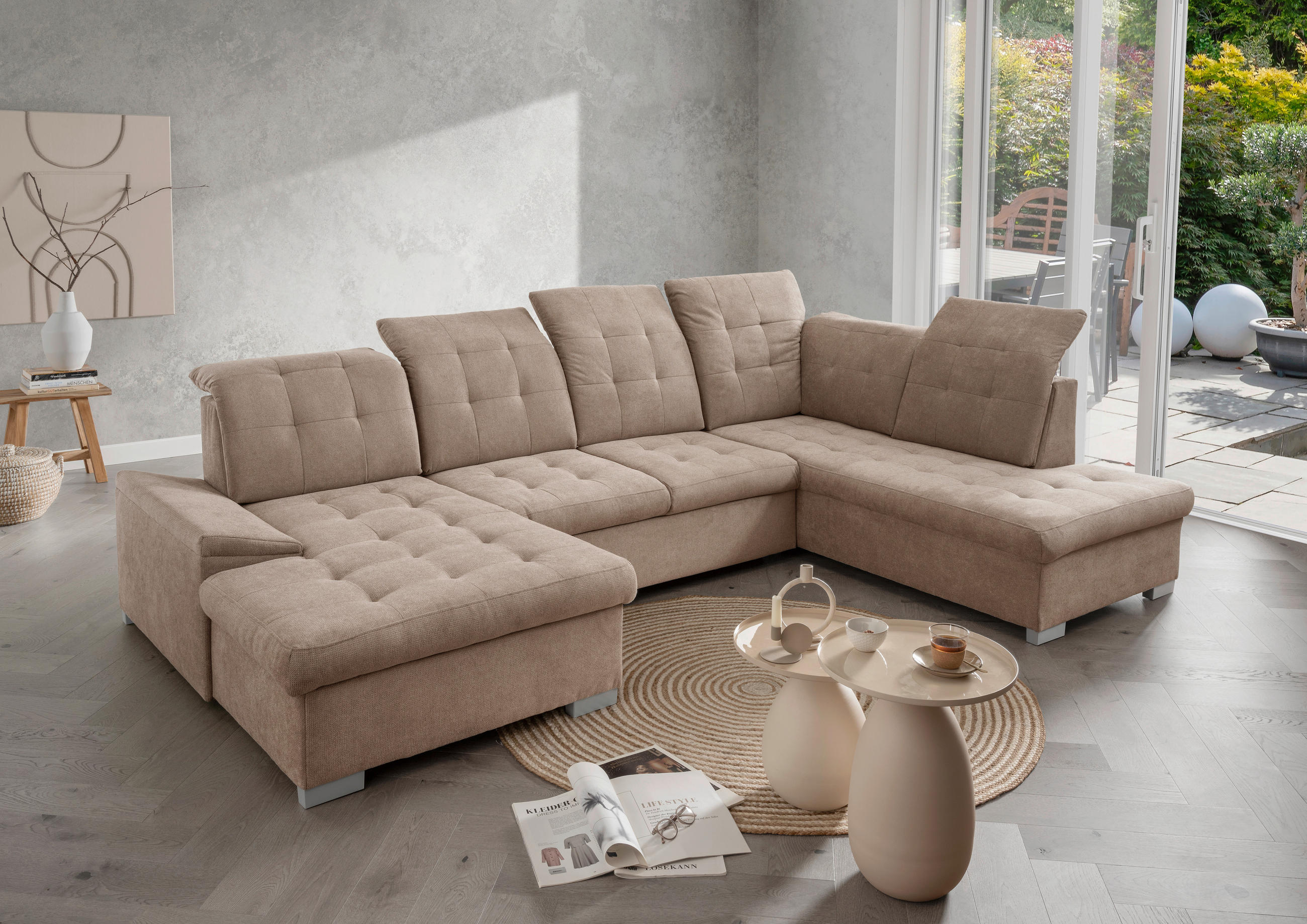 WOHNLANDSCHAFT in Mikrofaser Hellbraun  - Chromfarben/Hellbraun, Modern, Kunststoff/Textil (169/330/212cm) - Livetastic