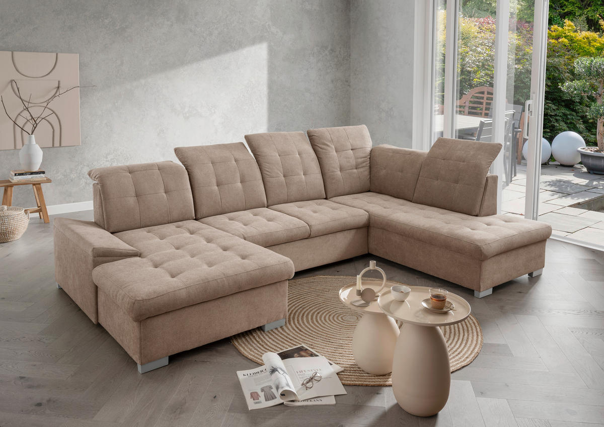 WOHNLANDSCHAFT in Mikrofaser Hellbraun  - Chromfarben/Hellbraun, Modern, Kunststoff/Textil (169/330/212cm) - Livetastic