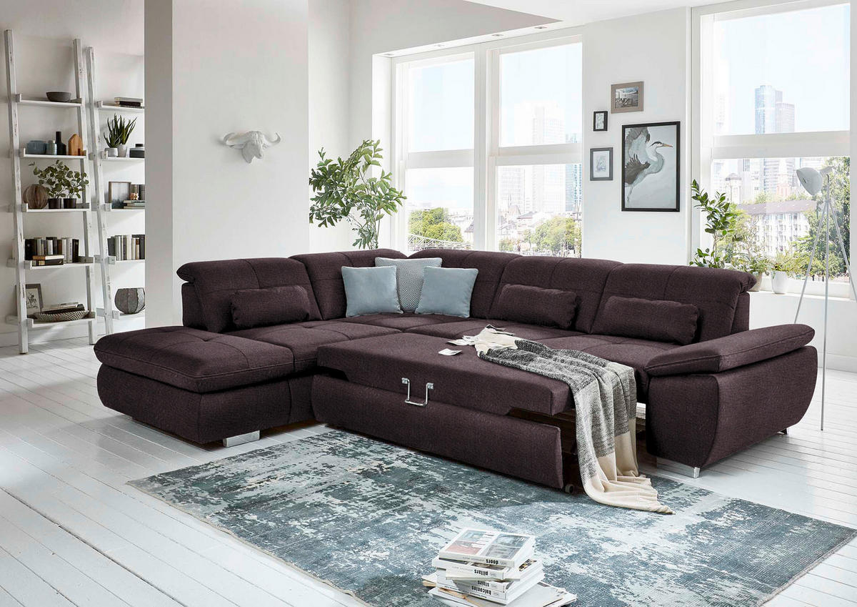 ECKSOFA in Mikrofaser Dunkelbraun  260/318 cm  - Dunkelbraun/Silberfarben, Design, Textil/Metall (260/318cm) - Beldomo Speed